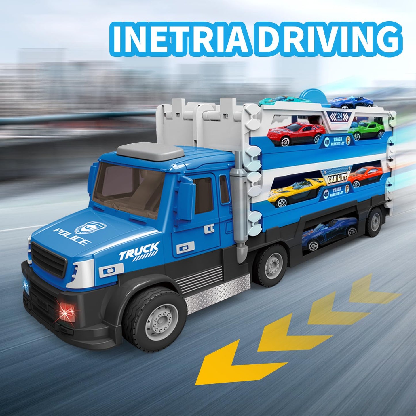 DOWELLIN 6 in 1 Transport Truck Toys for Kids, Police Trucks Carrier Cars with 6Pcs Metal Race Car with Light&Sounds, Toddler Vehicles Toys Gifts for Boys Girls Age 3 4 5 6 7 8-Blue