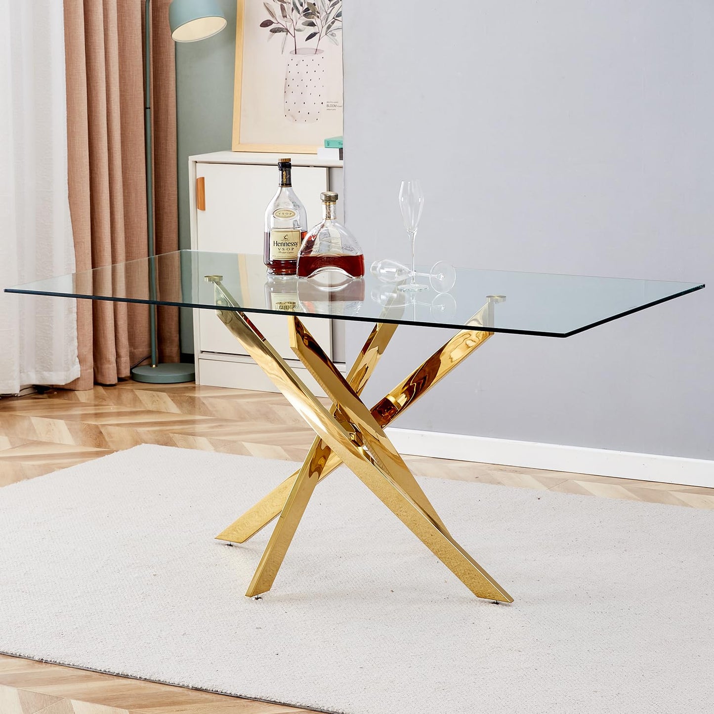 HAIZAO 63" Glass Dining Table for 4-6, Contemporary Rectangular Dining Room Table with Tempered Glass Top & Gold Finish Stainless Steel Legs, Modern Large Dining Table for Home Kitchen