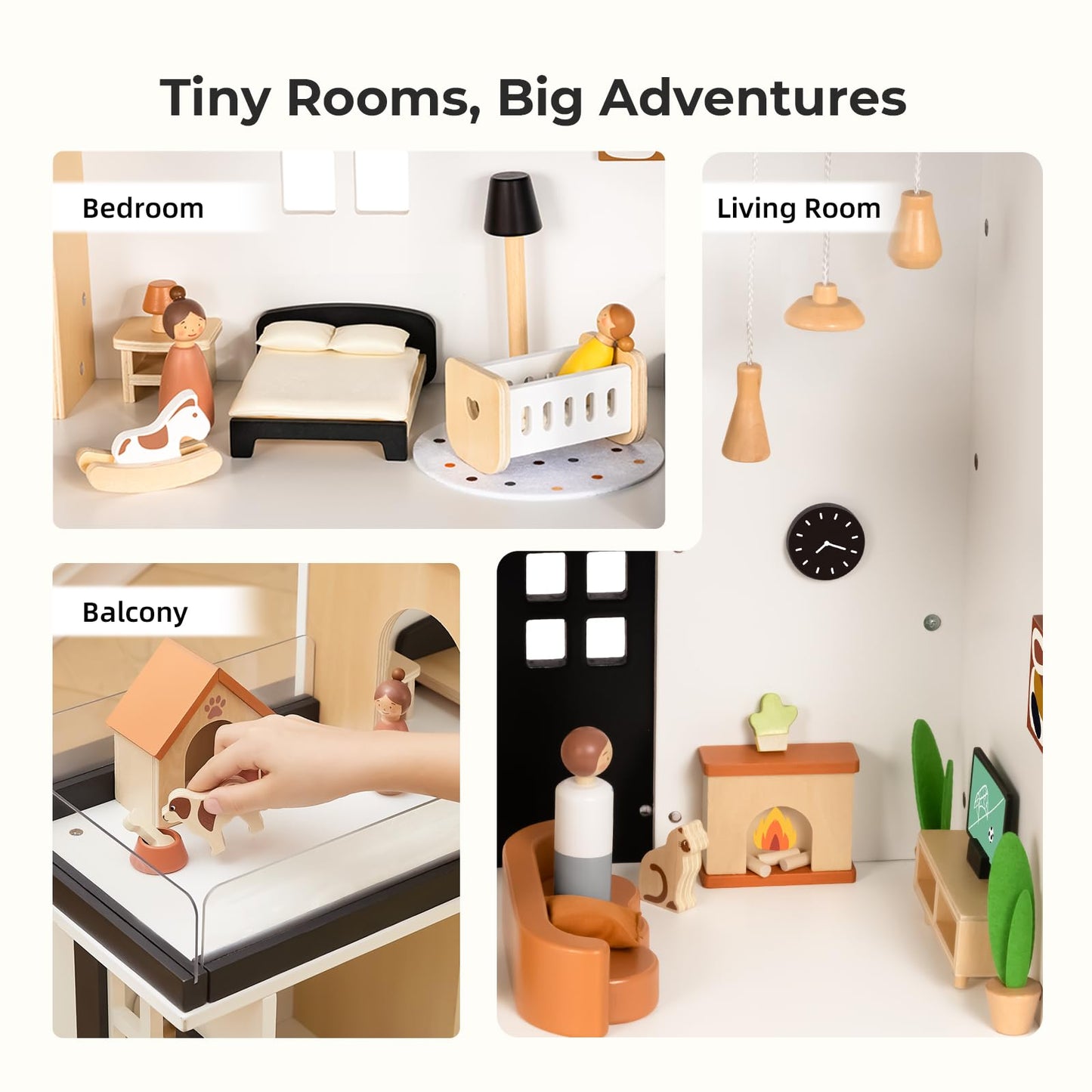 OOOK Wooden Dollhouse, Modern Doll House with 66Pcs Luxurious Furniture Accessories, Including Dolls and Pet Sets, Wood Dollhouse Toy for Boys and Girls 3+