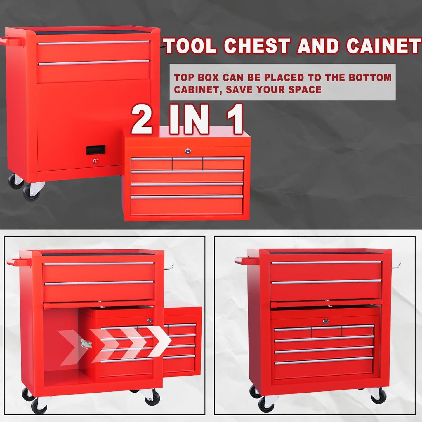 Clickoods 8-Drawer Rolling Tool Chest with Detachable Top Tool Box, Lockable Metal Tool Cabinet, and Liner, Heavy-Duty Storage Organizer with Wheels and 6 Hooks for Garage, Workshop, Red