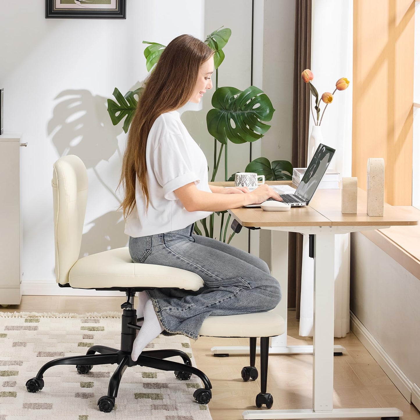 YFO Ergonomic Cross Legged Office Chair and ADHD Meditation Chair with Silent Wheels for Home Office Desk Chair and Yoga, Wider Backrest Support and Storage Pockets Design, PU Leather, Cream