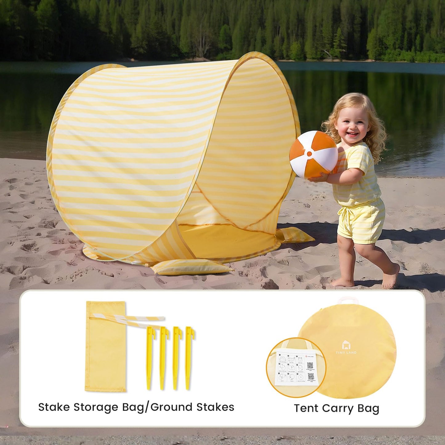 Tiny Land Baby Beach Tent – Pop Up Baby Tent with UV Protection, Portable Baby Beach Essentials, 35.4"x27.6"x31.5" Sun Shelter for Infants, Baby Summer Outdoor Use (Pastel Yellow Stripes)
