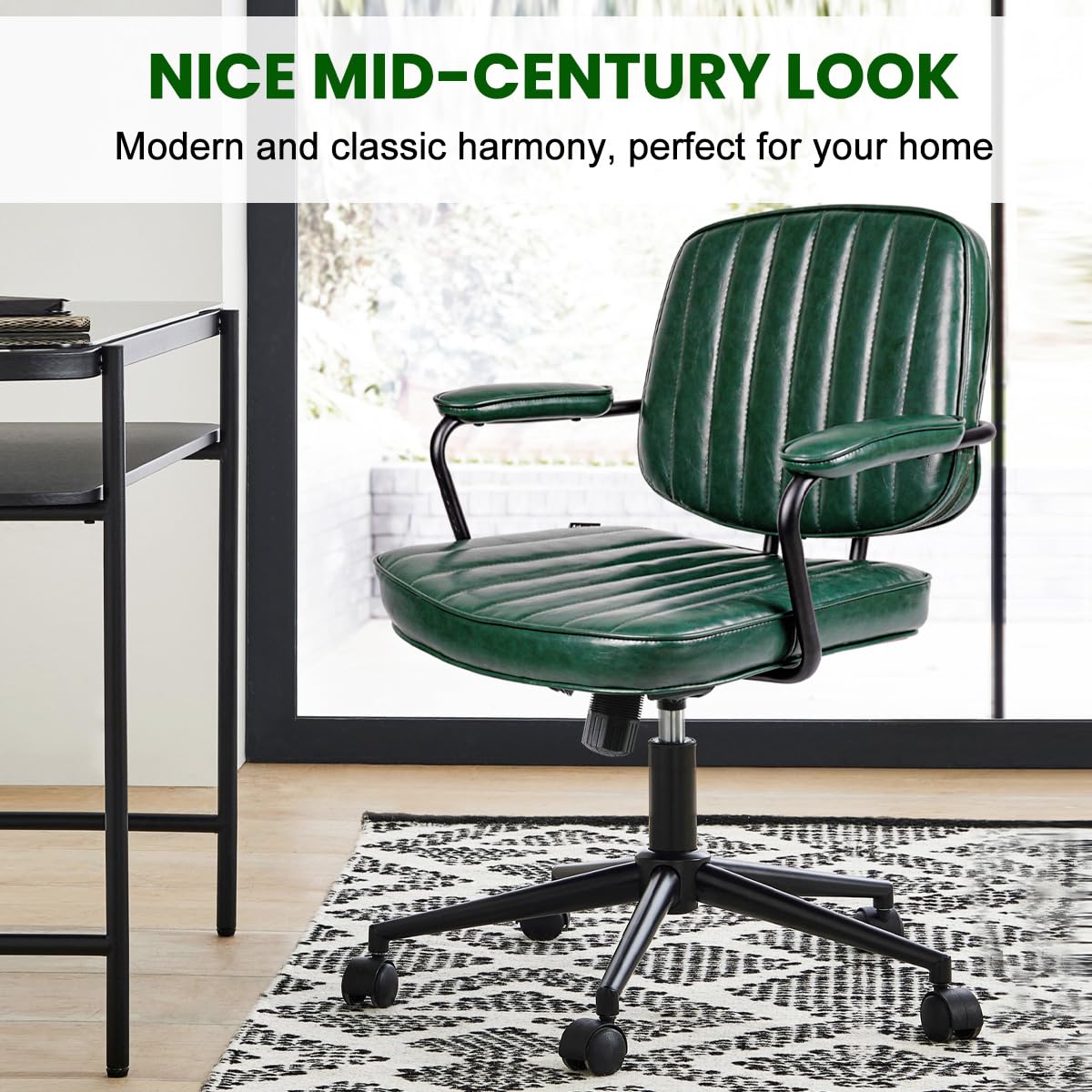 Artswish Mid Century Office Desk Chair - Green Leather Home Office Chair with Wheels and Arms