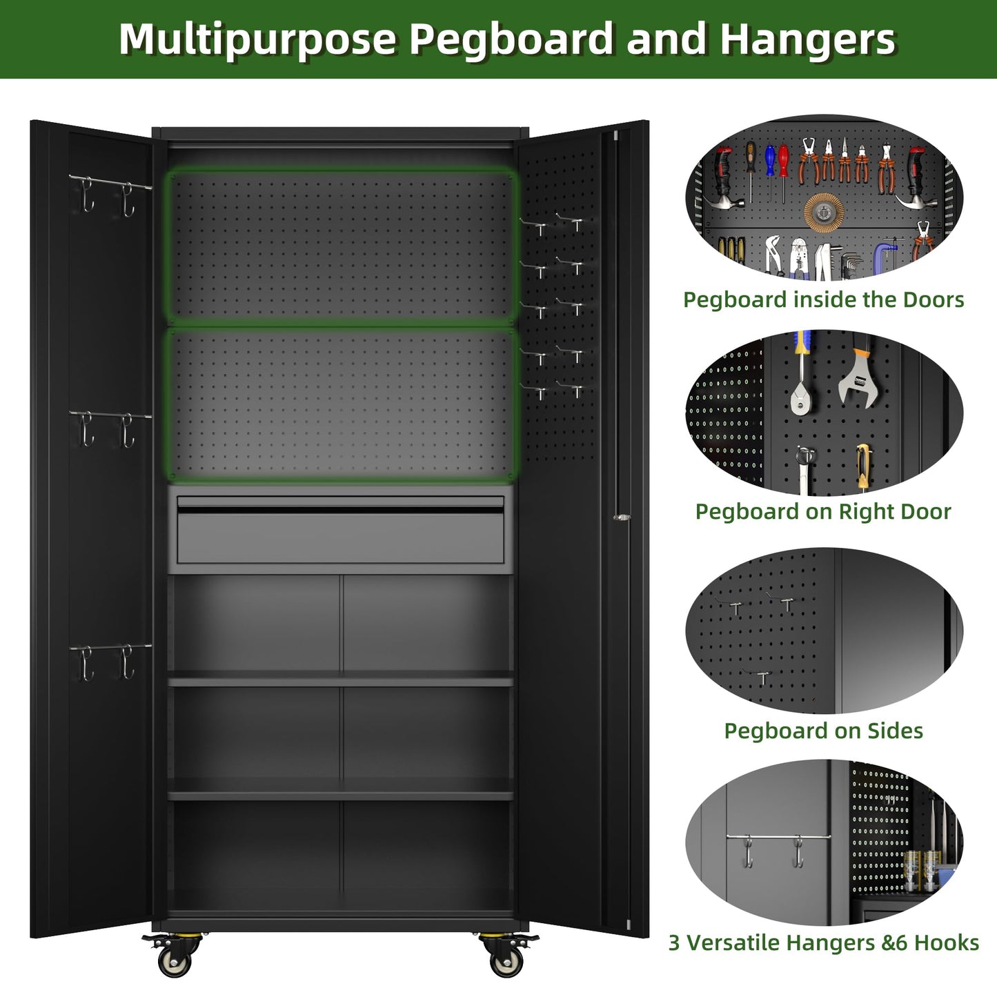 Reemoon 71" H Garage Storage Cabinet with Wheels and Doors,Metal Tool Storage Cabinet with Pegboard and Drawer for Garage Warehouse Home,Required Assembly,Black