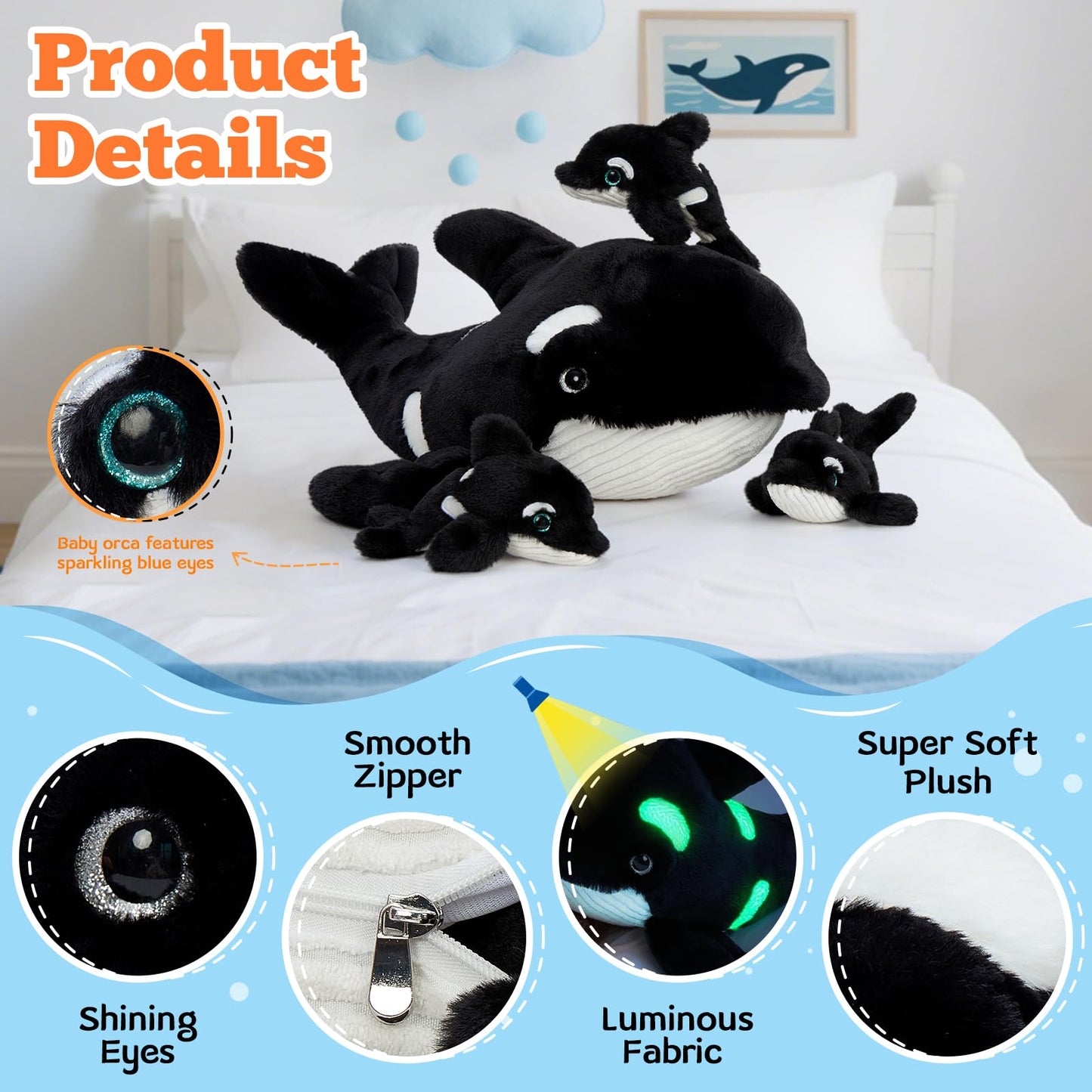Tezituor Large Orca Stuffed Animal with 3 Babies Glow in The Dark, 23.6" Huggable Killer Whale Plush Toy Realistic Soft Ocean Animal Plushies Birthday Gifts for Boys Girls