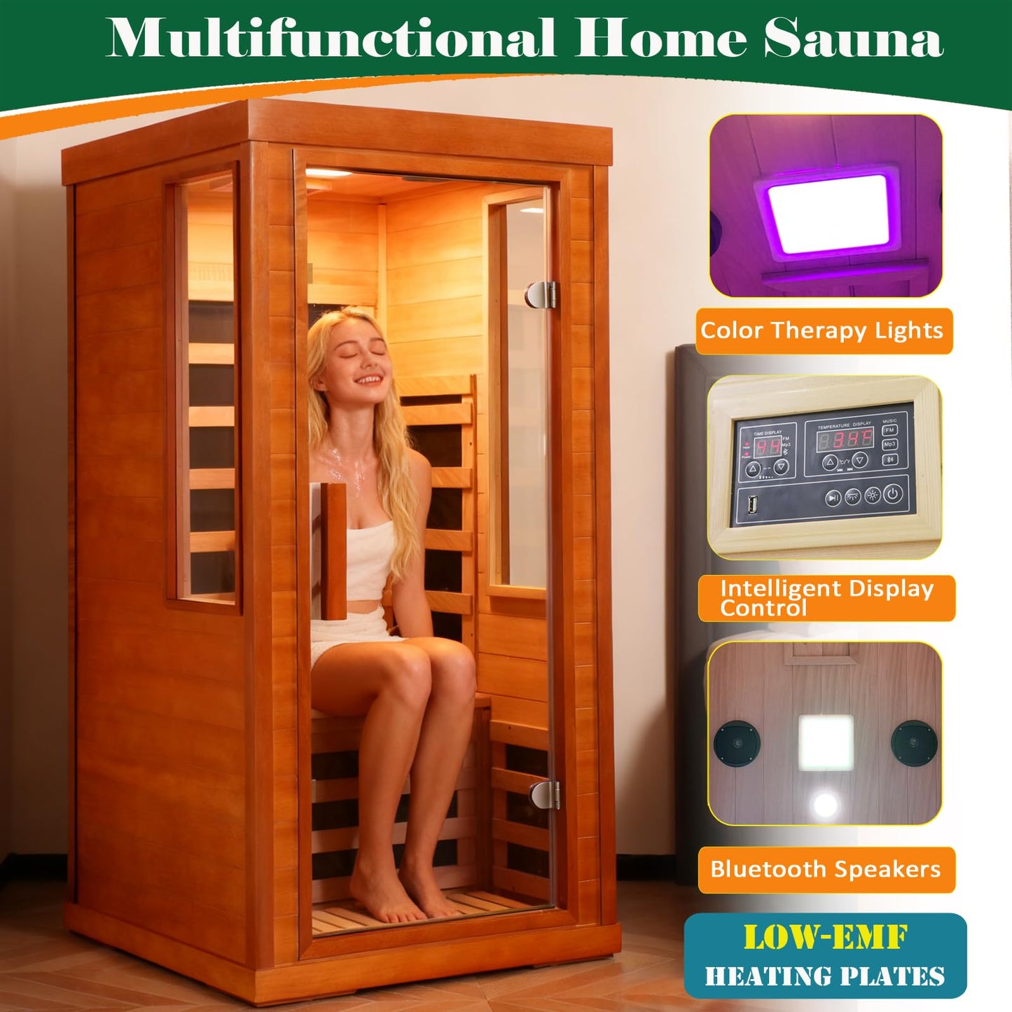 AWUCRSI 1-Person Infrared Saunas for Home,7 Low EMF Carbon Fiber Heating Panels,Okoume Wood with Tempered Glass Door,Red Light Therapy,Bluetooth Speaker,7 Color Chromotherapy Light,31.5"x31.5"x63.3"