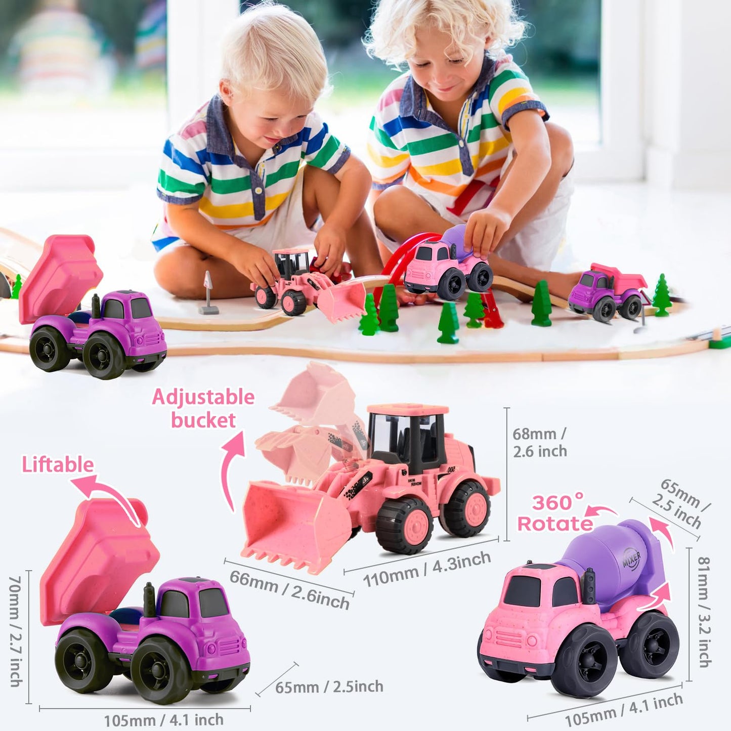 vusum Toddler Toys for 1 Year Old Girl Gifts,Kids Toys for Age 2-4,Dump Truck Cement Mixer Excavator Toy Cars Set, BPA Free,Phthalates Free,PVC,Toddler Girl Toys for 1 2 3 Year Old Birthday