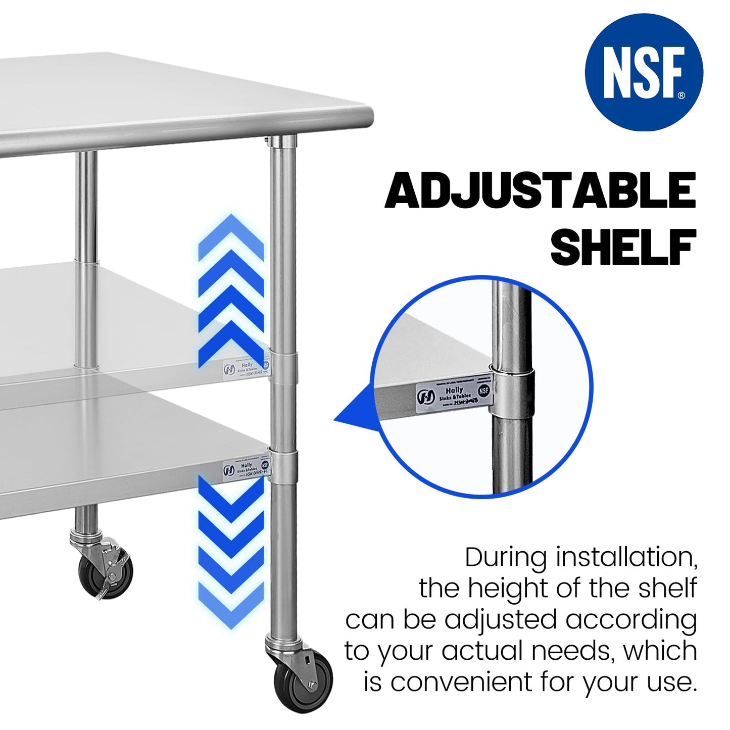 Hally Stainless Steel Table for Prep & Work 24 x 30 Inches with Caster Wheels, NSF Commercial Heavy Duty Table with Undershelf and Galvanized Legs for Restaurant, Home and Hotel