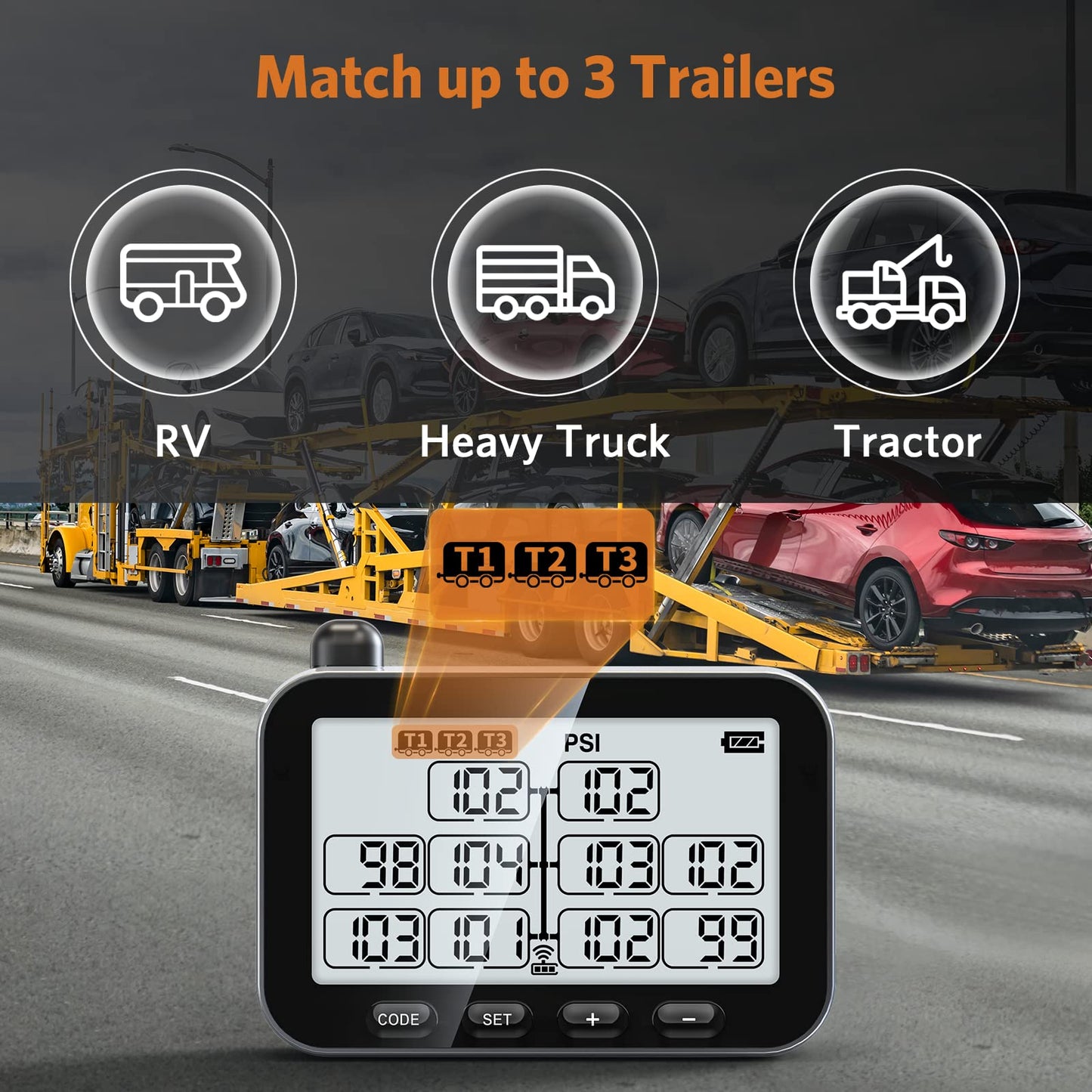 GUTA Trailer Tire Pressure Monitoring System, RV TPMS with 10 Sensors, 6 Alert Modes, Signal Booster, Power Saving Display, Long Sensing Distance, for 3 Trailers (T1/T2/T3), for Camper, Motor Homes