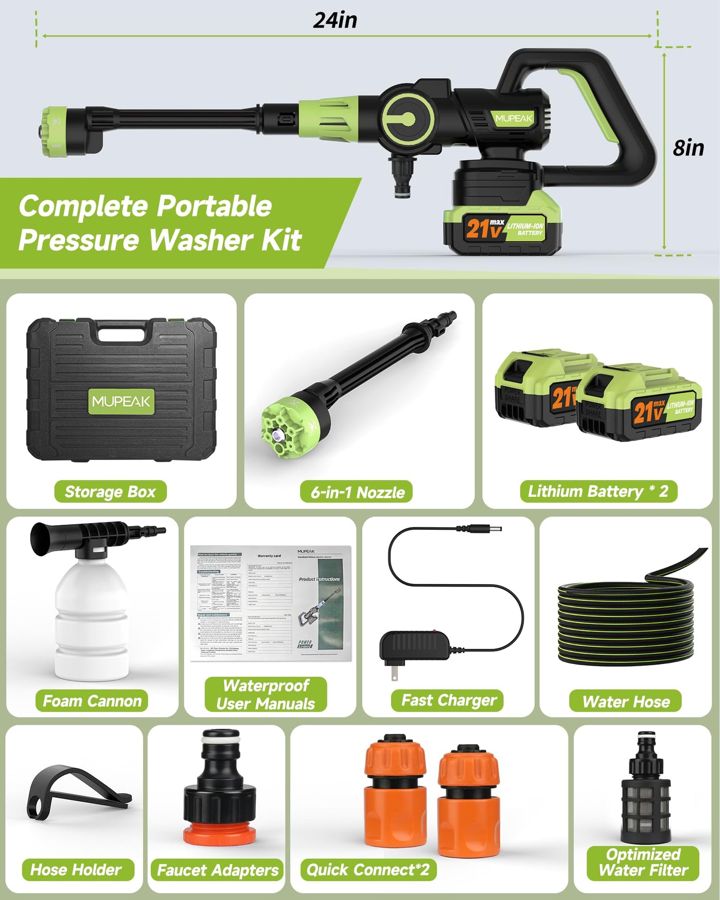 MUPEAK Brushless Cordless Pressure Washer, 1100PSI-Cordless Power Washer with 2 Batteries, 6-in-1 Nozzle/3-Modes Adjustable, 21V 4.0Ah Portable Pressure Washers Battery Operated for Car Home, Green