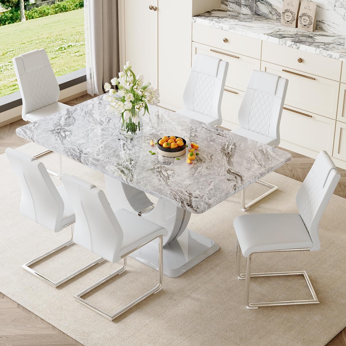JUFU Dining Table Set for 6 with Chairs PU Upholstered, 63'' Gray Faux Marble Dining Room Table and Chairs, Modern 6 Piece Dining Table Set, Rectangle Dinner Table Set for Dining Room and Kitchen