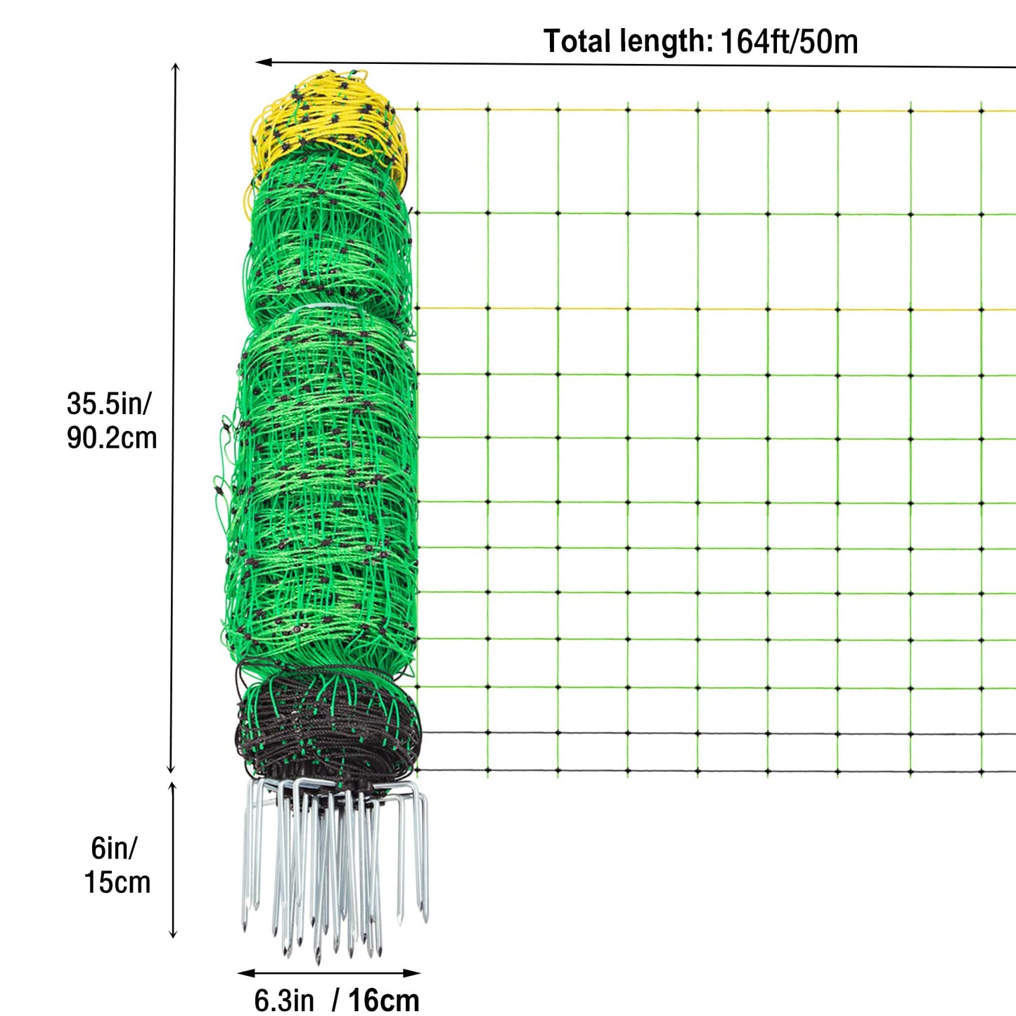 TMEE Electric Goat Sheep Fencing Livestock Netting Fence with 14 Posts, Double Spiked, Portable Mesh for Lambs, Deer, Hogs, Dogs, 35.5" H x 164' L, Green