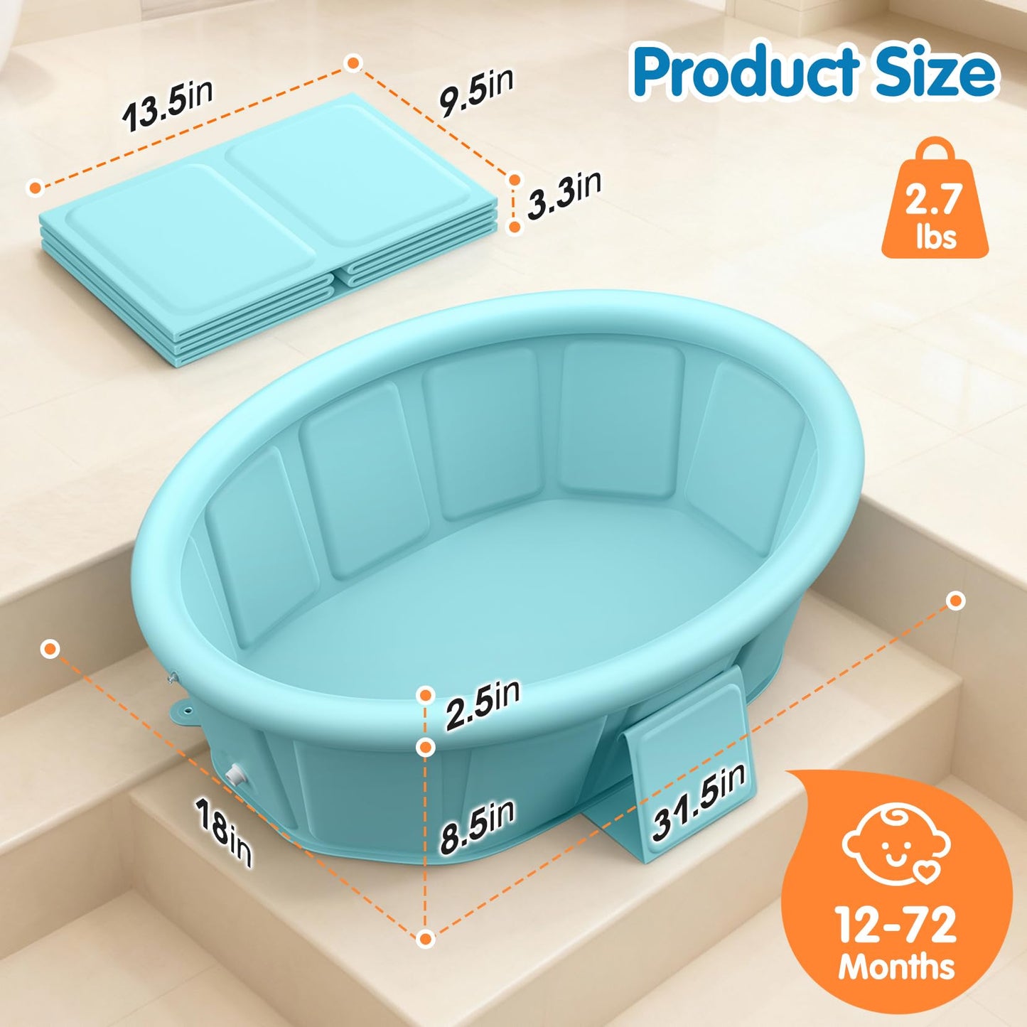 Baby Bathtub with Inflatable Top Edge, Extra Stable Infant Bath Tub, Collapsible & Portable for Baby Bath Time, No Tilt Design for 12M-6Y Toddler, No Assembly for Travel Shower