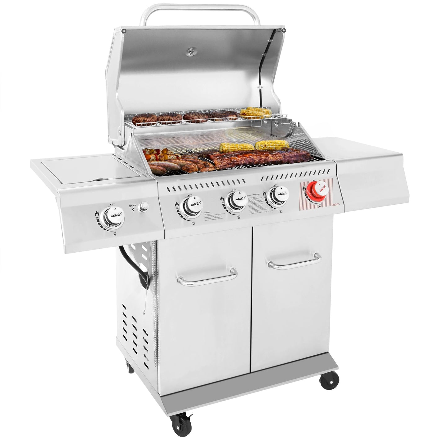 Royal Gourmet GA4402S 4 Burner Propane Gas Grill with Side Burner & Warming Rack, Stainless Steel Gas Grill with 54,000 BTUs Output for Barbecue Grilling & Backyard Cooking, Silver