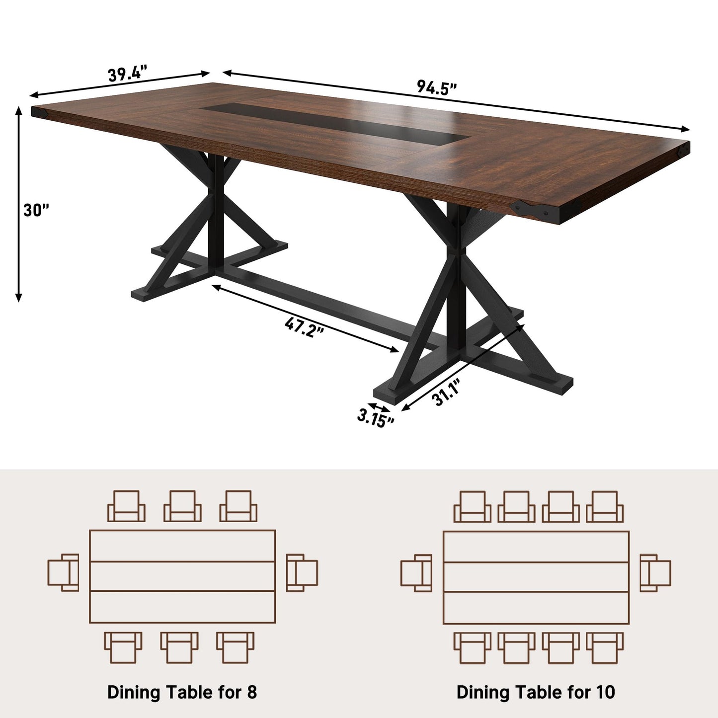 Hlivelood Dining Table for 8 10 People,Rectangular Kitchen Farmhouse Table W/Waterproof Wood Tabletop,Long Dining Room Tables W/Wood Strip Base for Kitchen Living Room(94IN BR&BK)