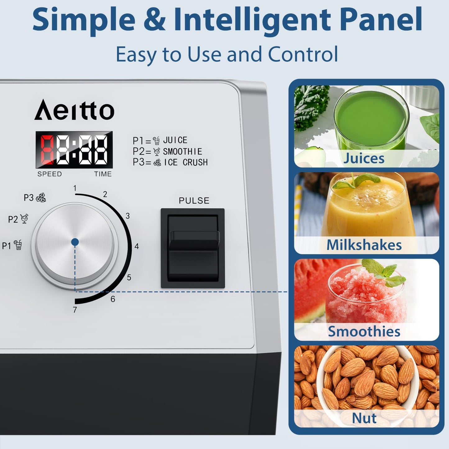 Aeitto Blenders for Kitchen with 68Oz. Large Capacity, 1800W Max Power Smoothie Blender, 3 Preset Programs & 7 Speeds, Professional Countertop Blender for Smoothies, Ice Crush, Frozen Drinks, Silver