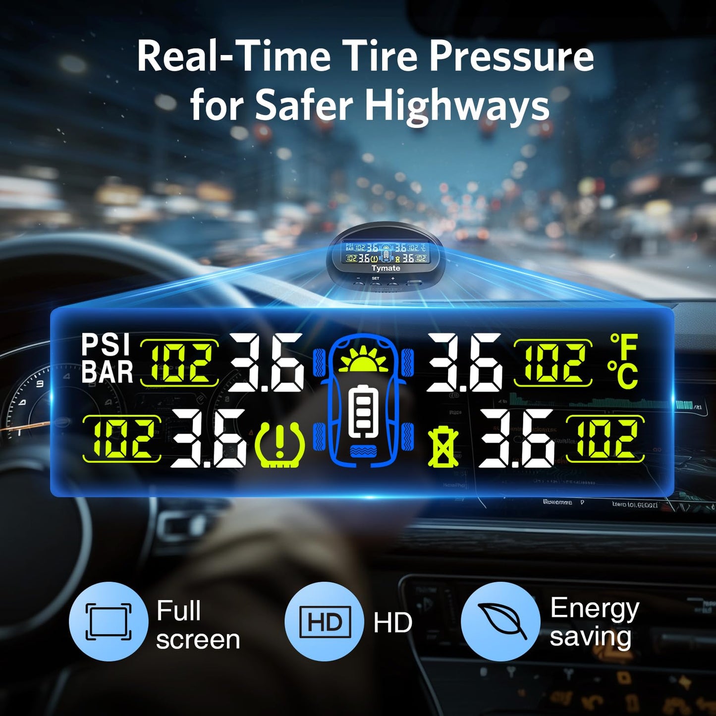 Tymate TM9 Tire Pressure Monitoring System, Compact Wireless Solar TPMS with 4 External Sensors & 6 Alarm Modes, Install on Windshield, Colorful Display, Ideal for RV SUV MPV Truck Sedan (0-87 PSI)