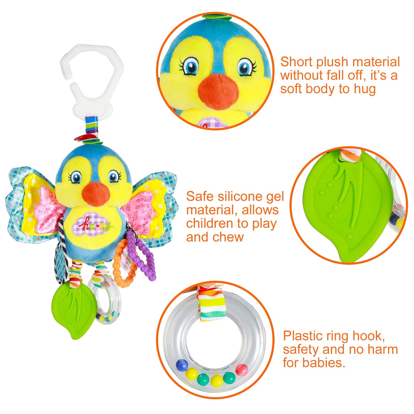 Funsland Baby Stroller and Car Seat Toys for Infant - Hanging Rattle Teether Clip on Soft Plush Baby Toys for Boys and Girls 3-12 Months