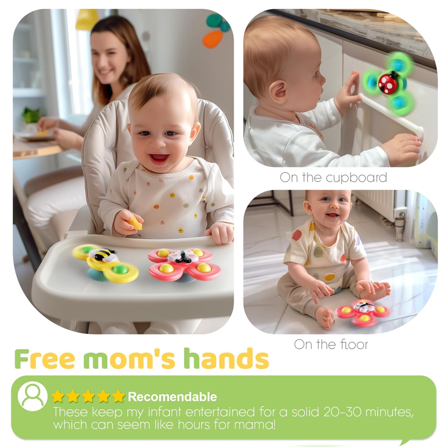 ALASOU 6 PCS Suction Cup Rotating Toys(3 Farm+3 Space) for Infant and Toddlers