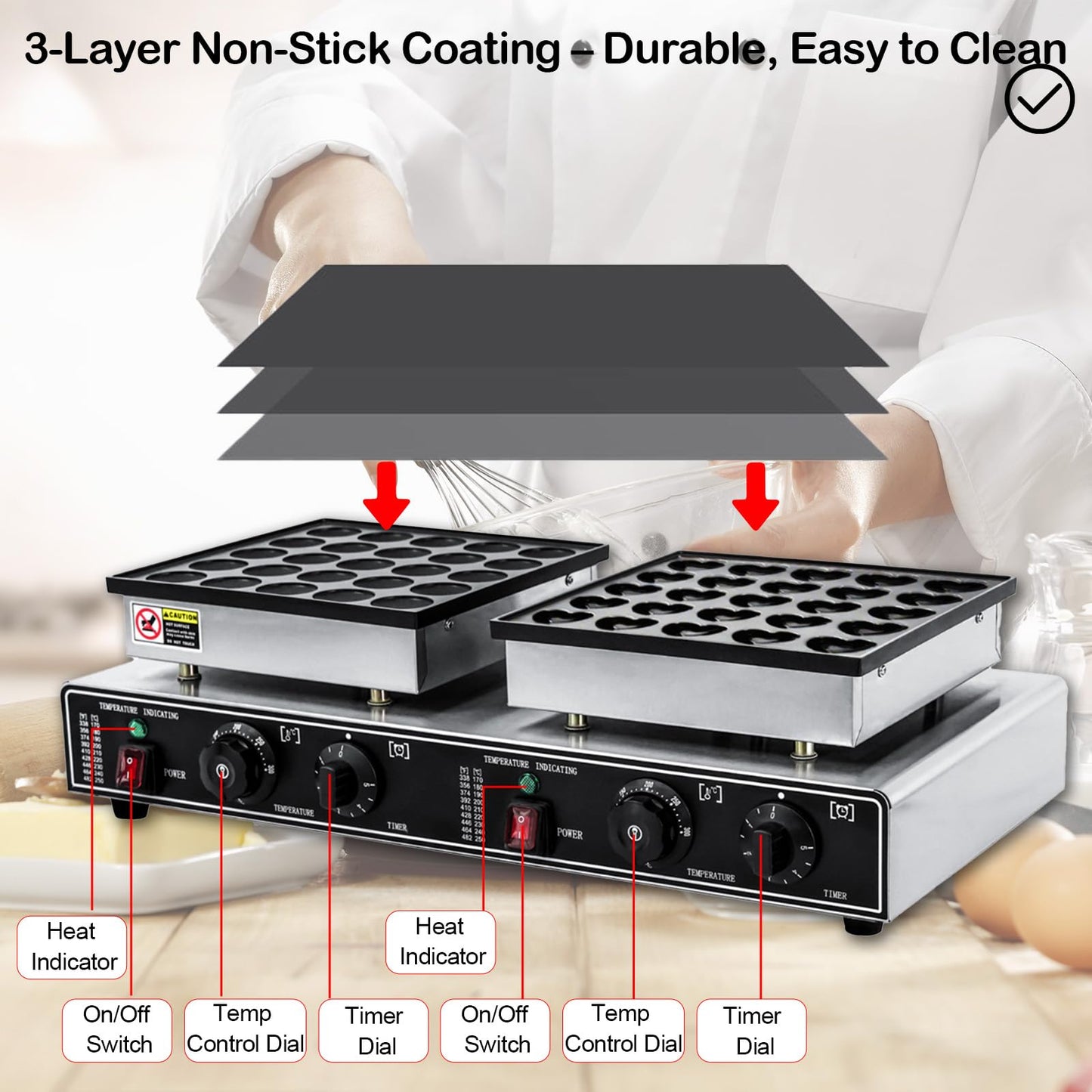 1800W Mini Pancake Maker 50Pcs Two-in-one Round-Shaped and Heart-Shaped Electric Dutch Pancakes Maker Nonstick and Quick Heat-Up for Kitchen Restaurant Breakfast Dessert