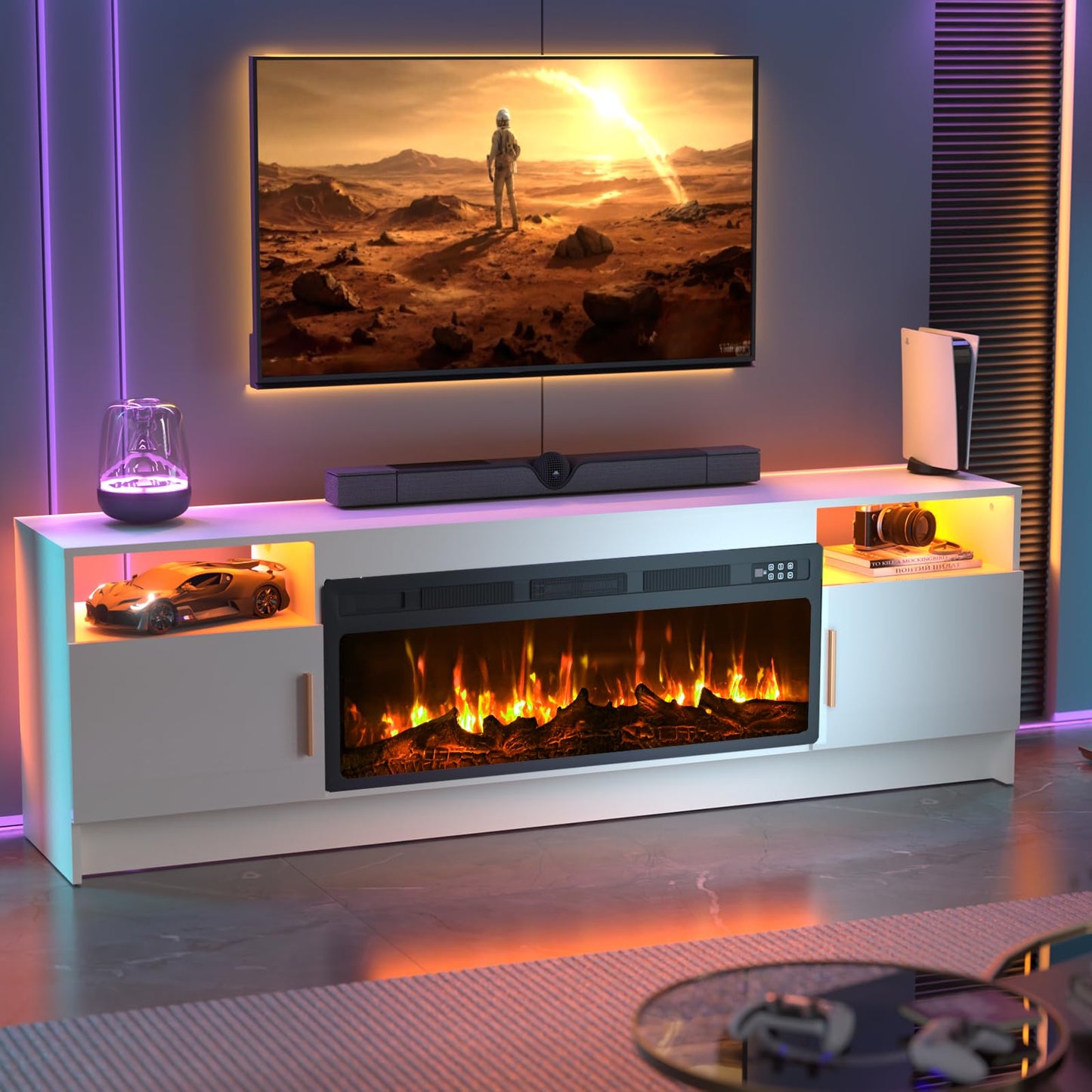 Kucreiheat Fireplace tv Stand with 36 inch Fireplace Up to 80" TV, LED Light Entertainment Center and Storage, 70" Modern Wood Media TV Console with Highlight Cabinet for Living Room, White