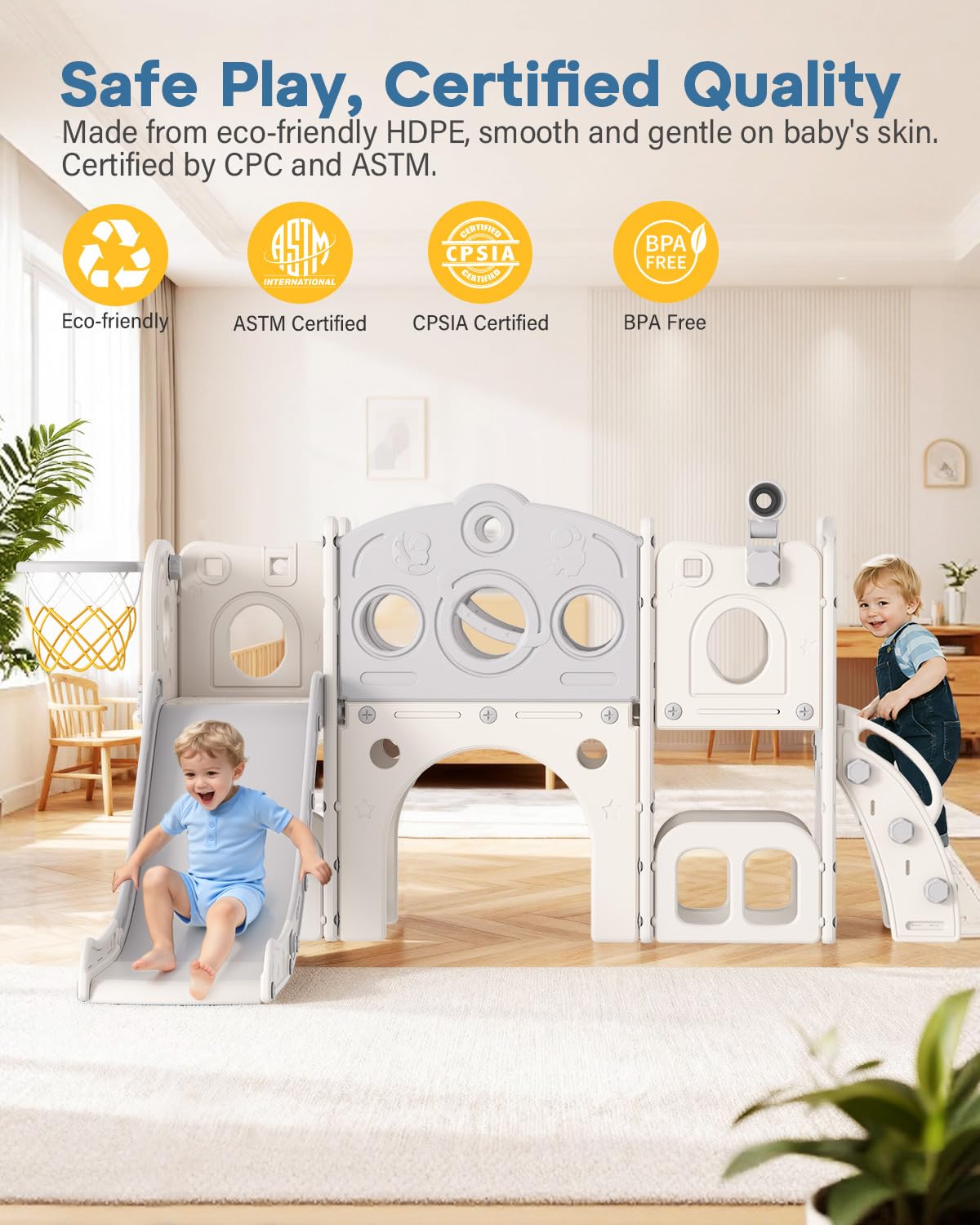 Babytronic Toddler Slide Set, 8 in 1 Kids Slide with Climber, Indoor Outdoor Slide for Toddlers Age 1-3, Toddler Playset with Basketball Hoop and Tunnel, Toddler Indoor Outdoor Playground (White&Gray)