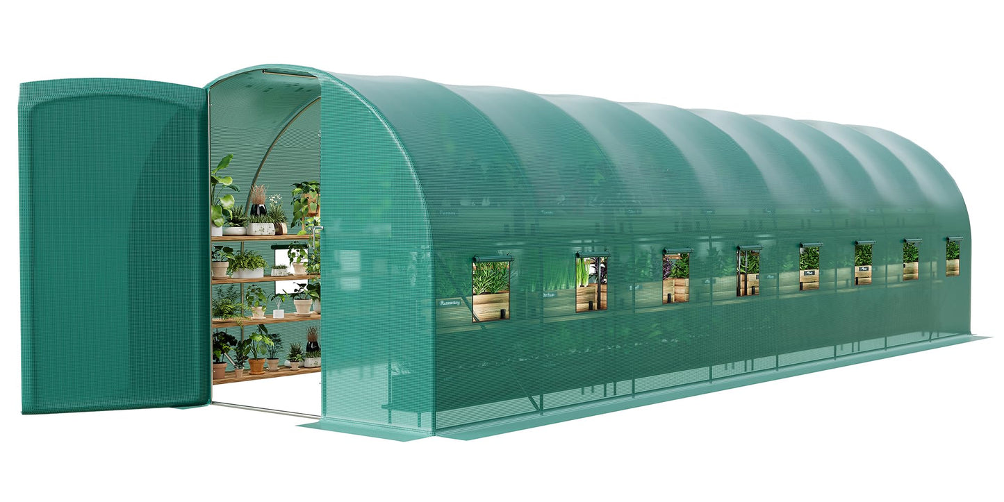 Large 27x10x7 ft Outdoor Walk-in Greenhouse with 16 Mesh Windows & Swing Door, 325x120 in Heavy-Duty Galvanized Steel Frame and Thick PE Cover for Full Protection, Green Garden Plant House for Backy