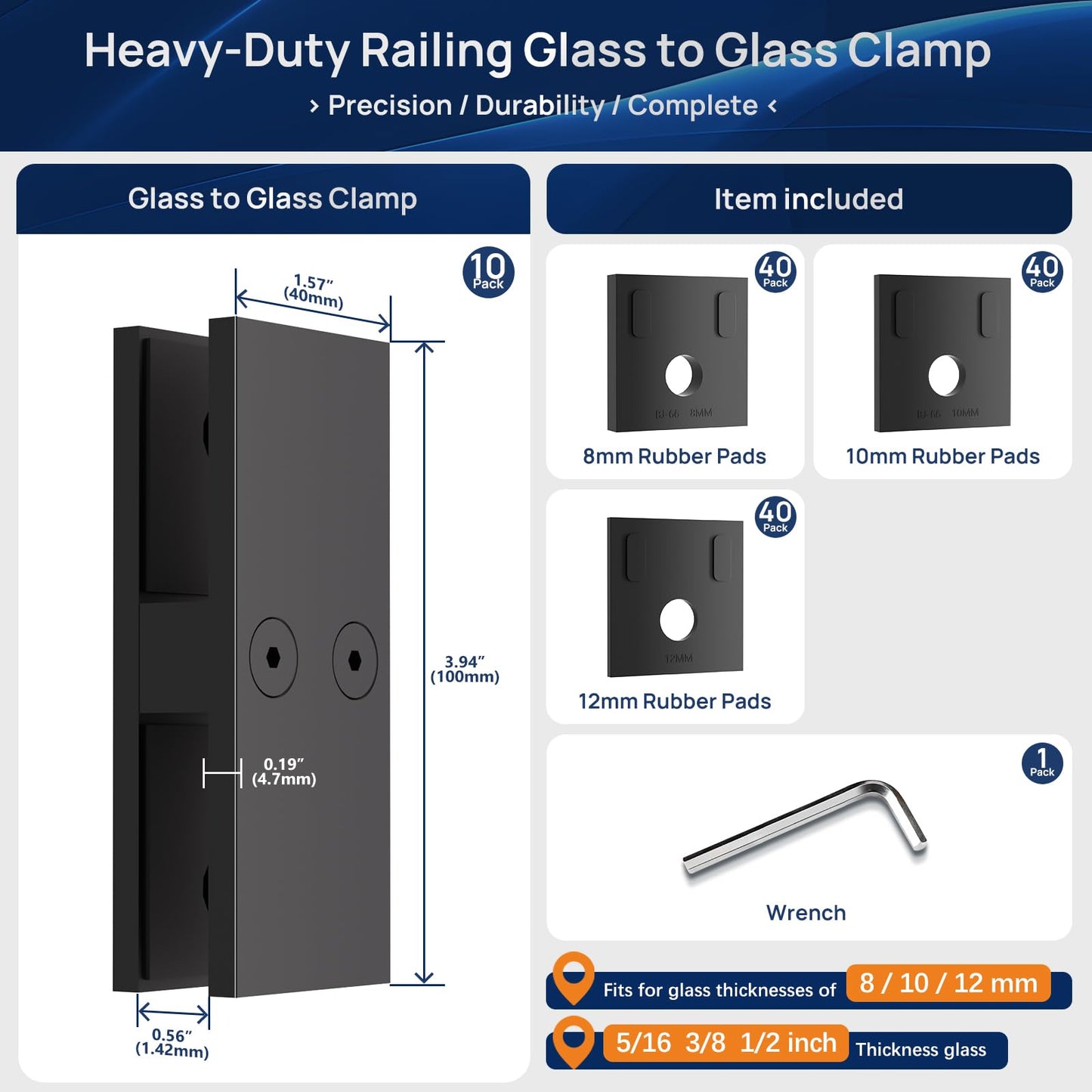 LukLoy 10 Pack Heavy Duty Railing Glass to Glass Clamp, Black 304 Stainless Steel with Dual Powder Coating – No Drill, 180° Angle for Frameless Glass Railing, Pool Fence & Balustrade