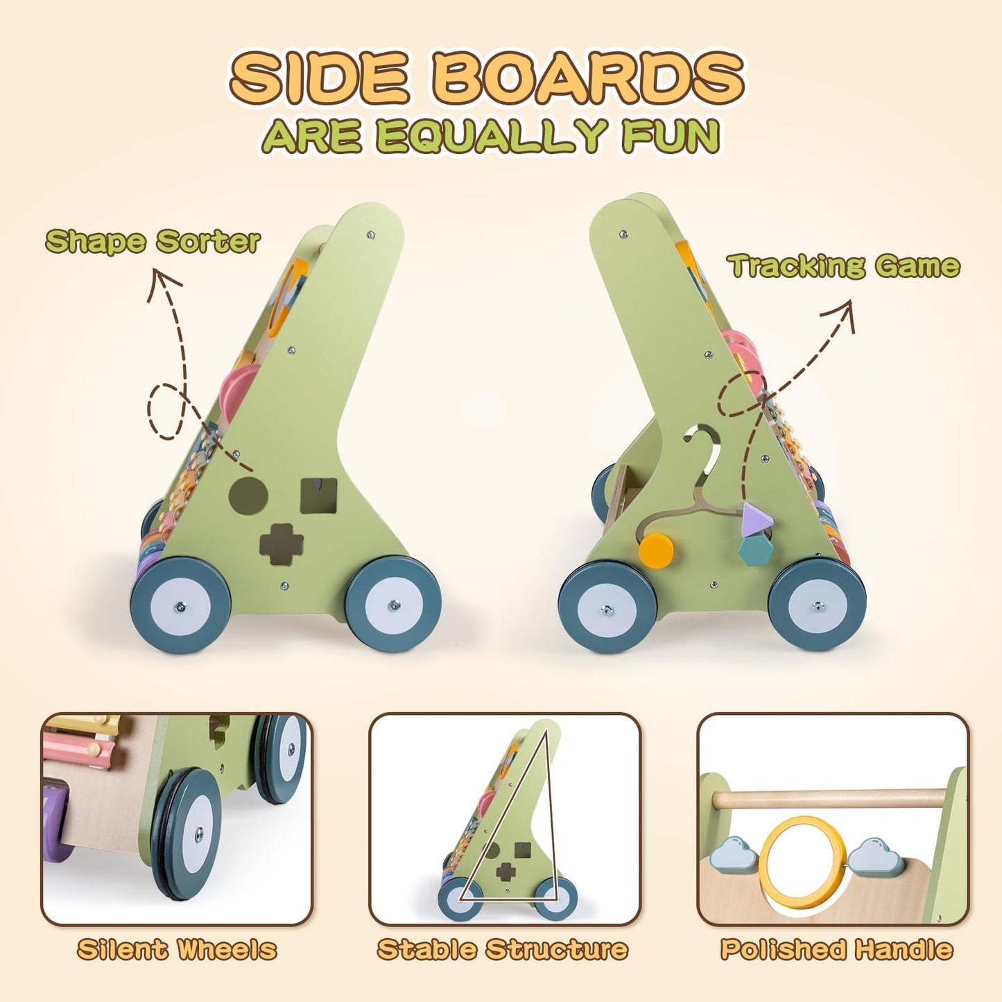 LOL-FUN Wooden Baby Walker with Wheels, Baby Walker for Boys 12 Months Push Toy, Montessori Walking Toys for 1 Year Old Activity Center