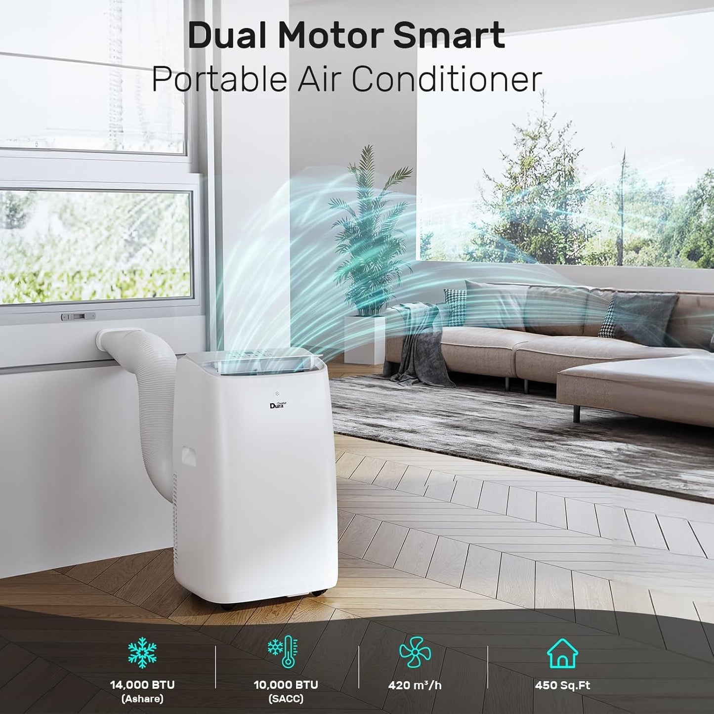DuraComfort Portable Air Conditioner, Dual Motors AC (14,000 BTU ASHRAE) 10000 BTU SACC Cools Up to 450 Sq.Ft, with Window Kit for Easy Installation,White