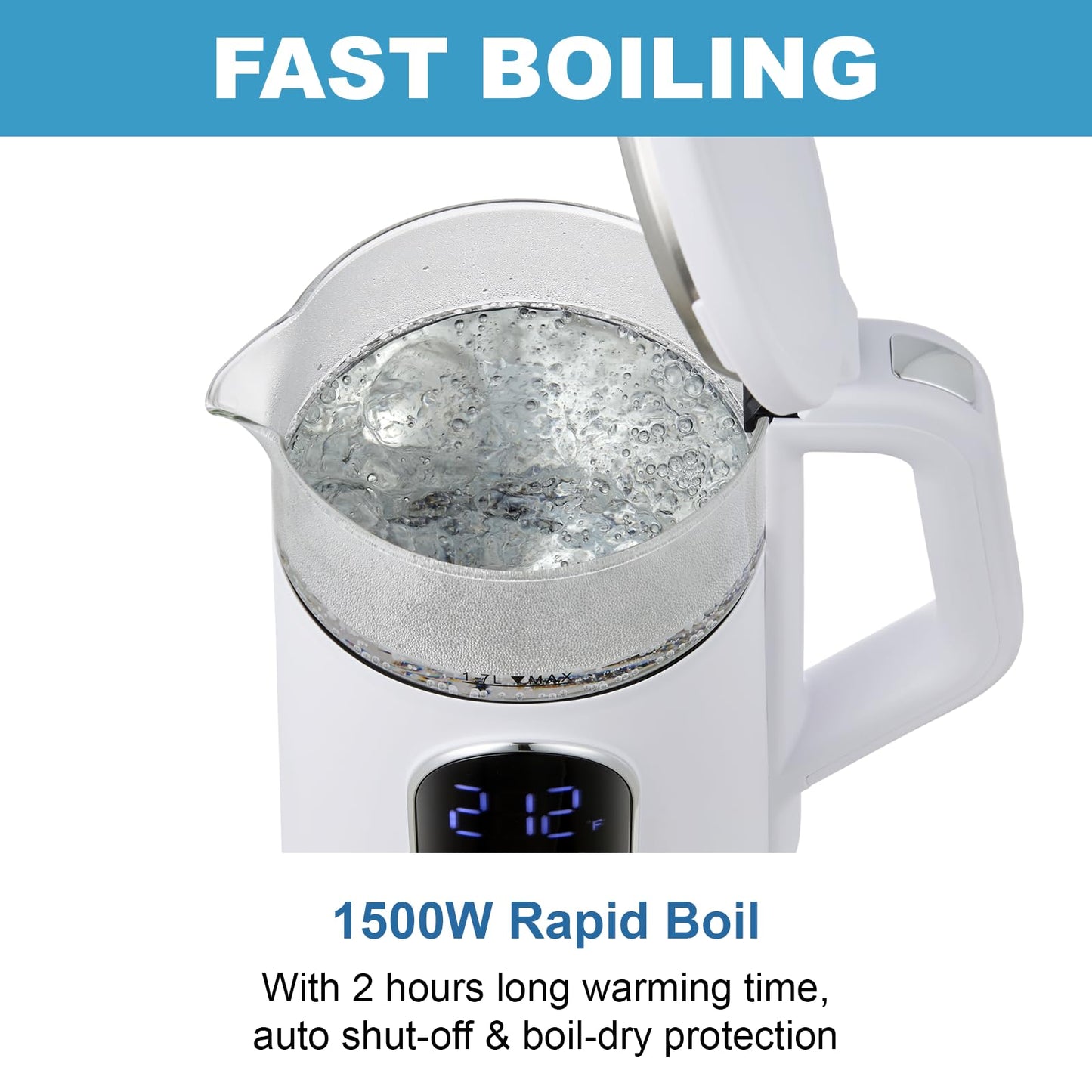 Electric Kettle, 1500W Fast Boiling Glass Water Kettle with Temperature Control, 1.7L Cordless Stainless Steel Base, Keep Warm & Auto Shut-Off, BPA-Free, White