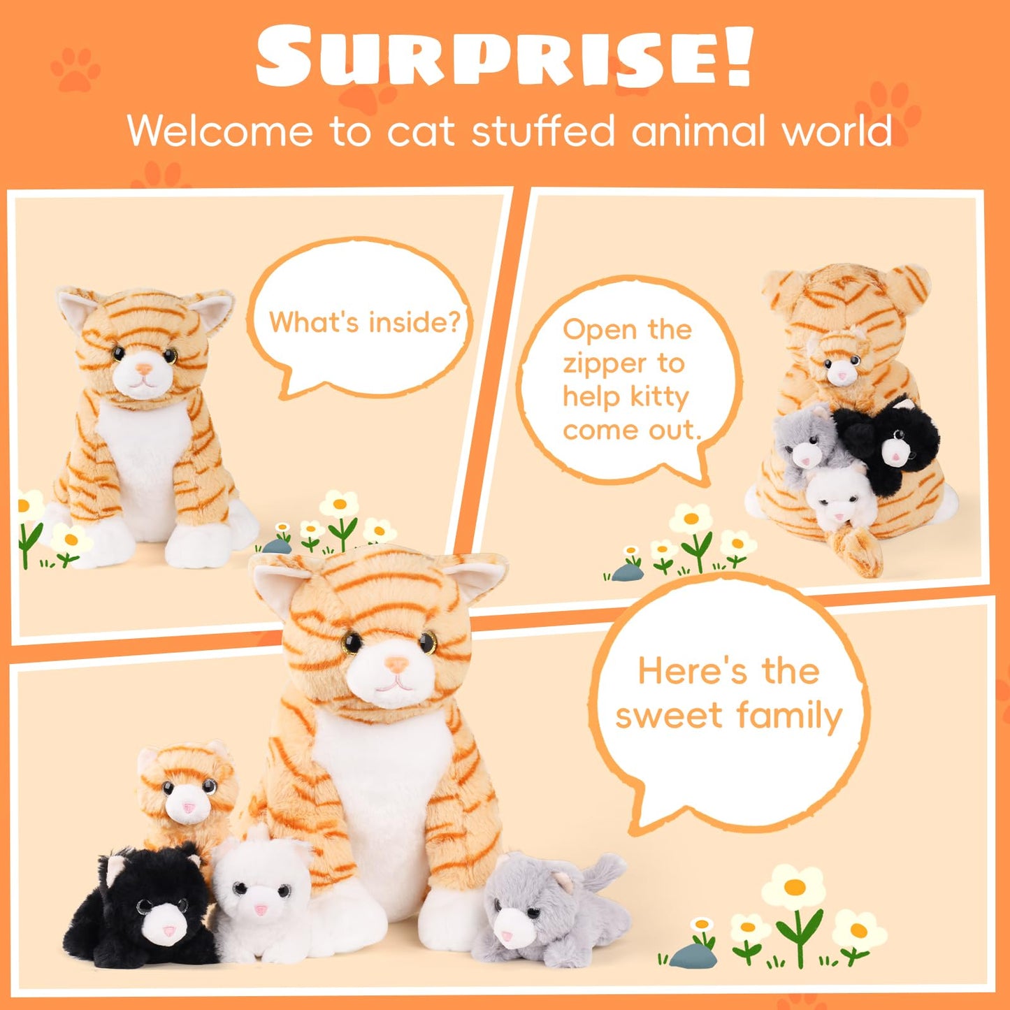 5 PCS Cat Stuffed Animal with Babies Inside Belly, 1 Mommy Stuffed Orange Tabby Cat Toy with 4 Plush Kittens, Stuffed Kitty Plushies for Kids Boys Girls Christmas Birthday Gift
