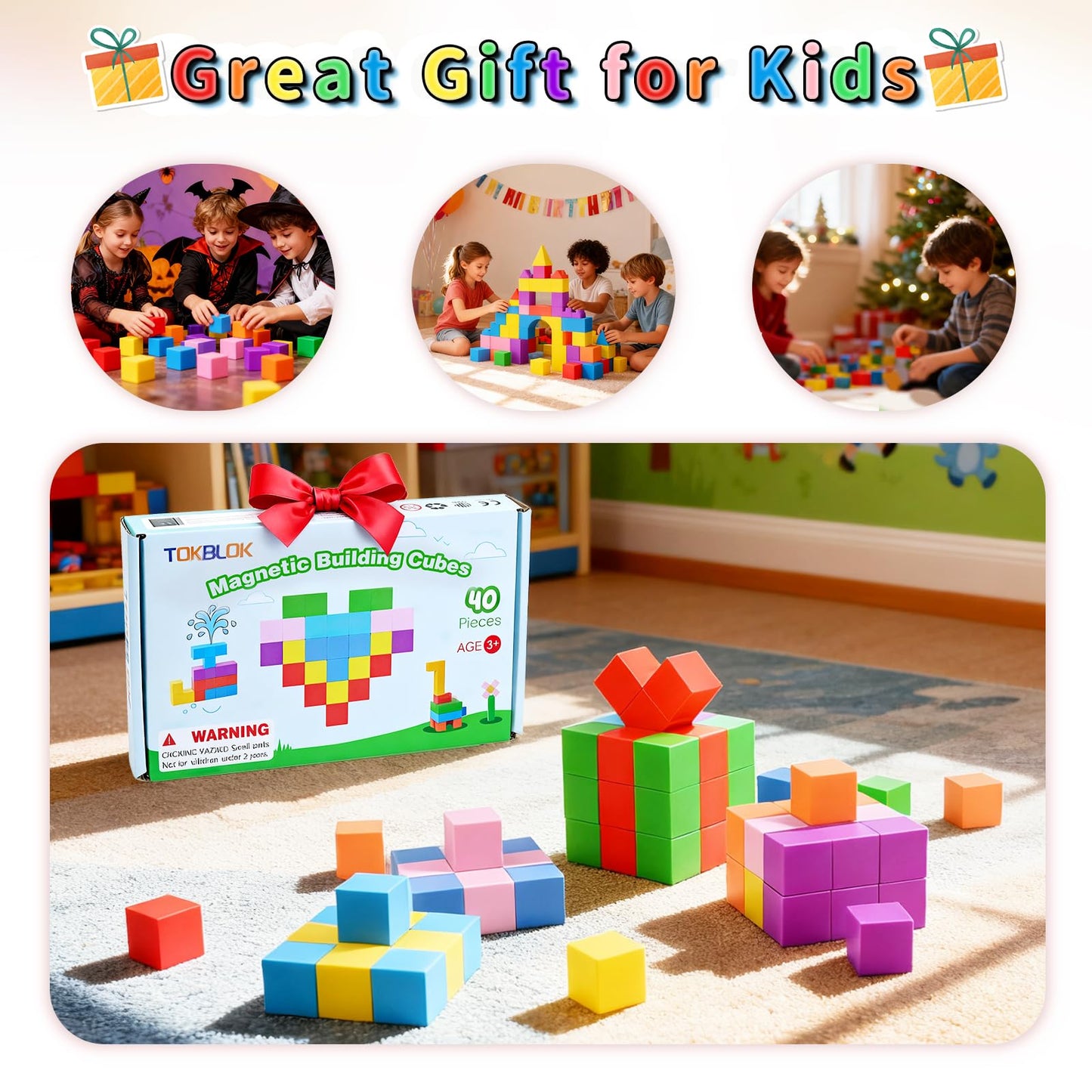 TOKBLOK Magnetic Blocks, 40PCS Rainbow Magnetic Building Blocks for Kids Ages 3 4 5 6 Year Old, Autism Montessori Sensory Magnet Cubes, STEM Learning Educational Magnet Toys Gifts for Girls & Boys