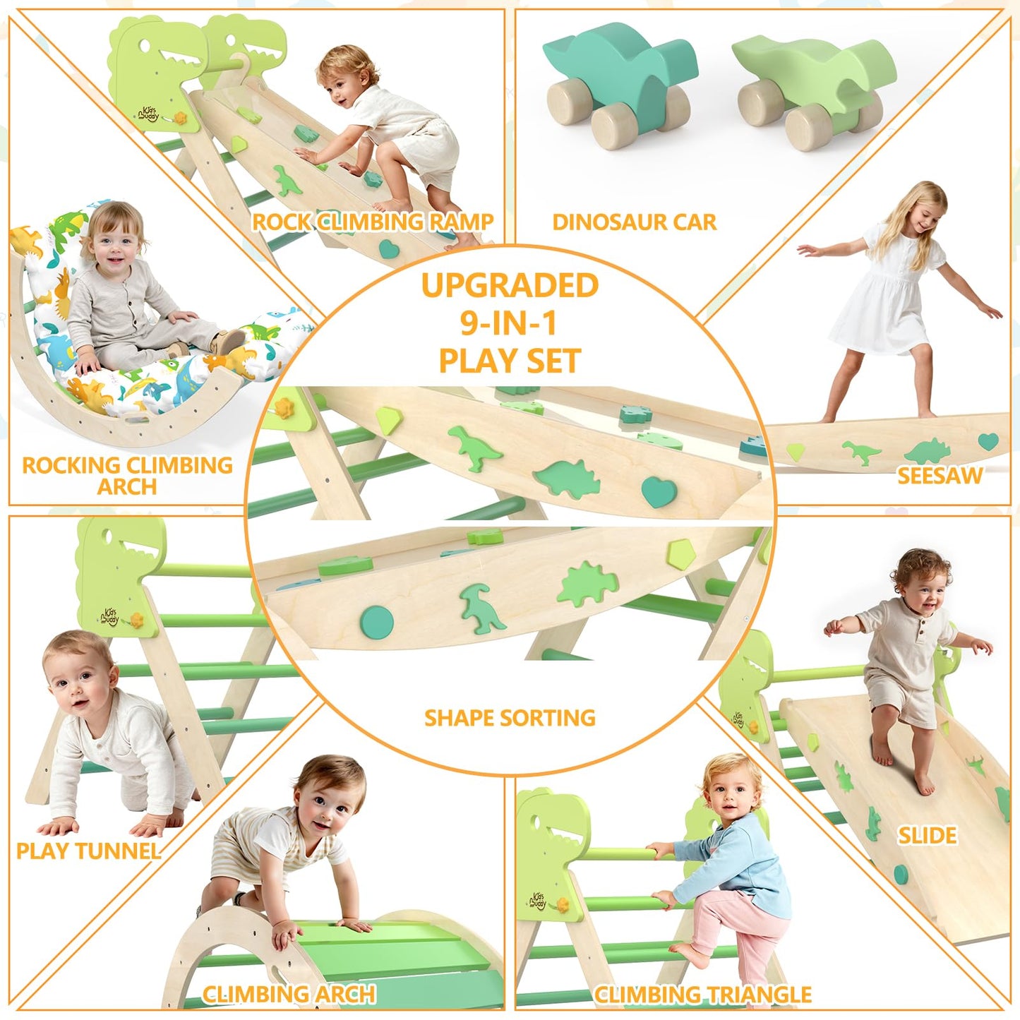 KidsBuddy Pikler Triangle Set with Cushion 9 in 1 Climbing Toys for Toddlers 1-3 Indoor Baby Climbing Gym Toddler Montessori Toys Wooden Toy with Maze Toy, Shape Sorter, Dinosaur Car