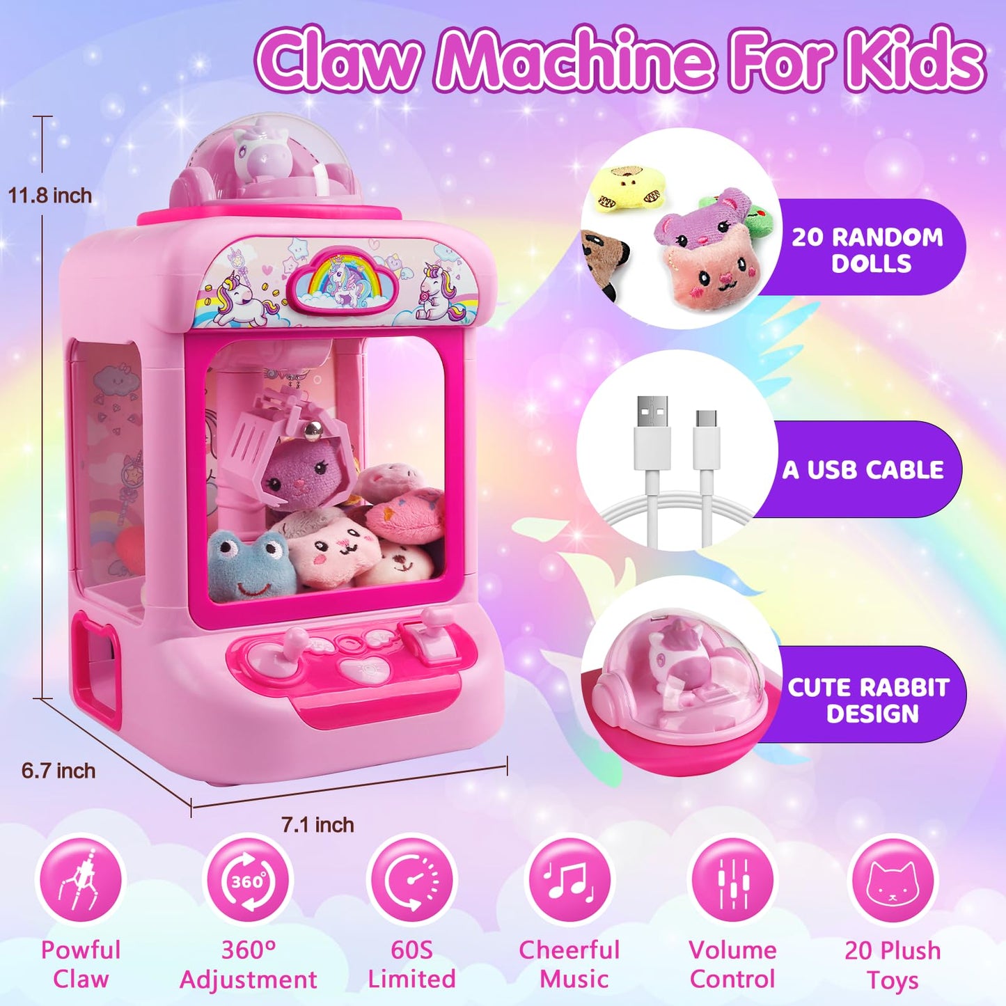 Mini Claw Machine for Kids - Unicorn Candy Grabber Vending Machine Toy with 20 Plush Prizes, Arcade Prize Dispenser Game, Girl Toys Age 3-8, Christmas Birthday Easter Gift