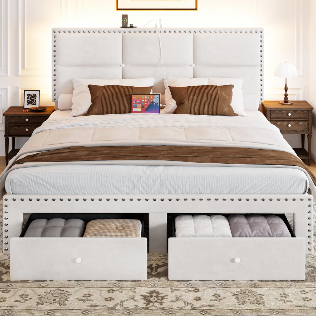 Otevehde Queen Bed Frame with 2 Storage Drawers, Velvet Upholstered Platform Bed Frame Queen Size with Charging Station, Noise-Free, Wooden Slats Support, Easy Assembly, White