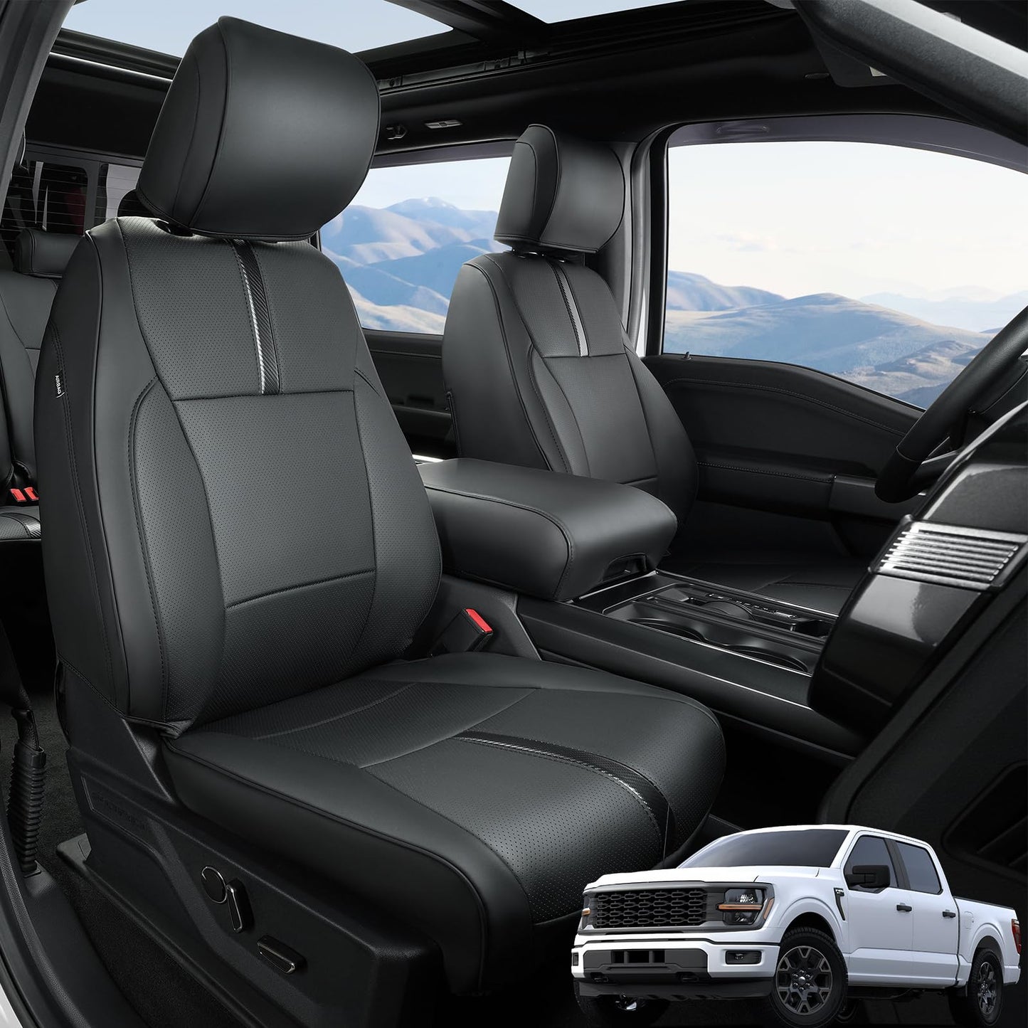 Car Seat Covers Custom for Ford F-150 | 2025 2024 2023 2022 2021 | Full Set for F150 SuperCrew CrewCab XL XLT | Pickup Leather Seats Protector Coverage Cushion F 150 Interior Accessories | Black