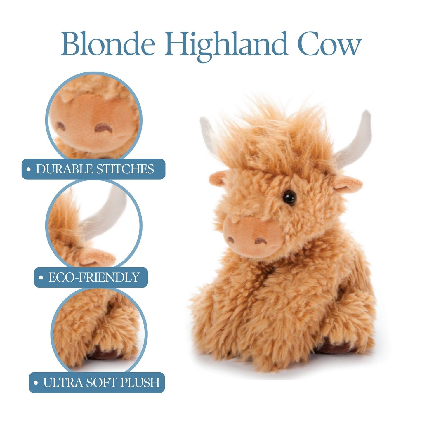 The Petting Zoo Highland Cow Plushie Stuffed Animal, Gifts for Kids, Wild Onez Wildlife Animals, Blonde Cow Plush Toy, 9 inches