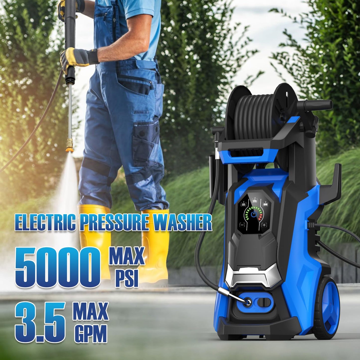 Pressure Washer 5000PSI-Max 3.5GPM Touch Screen Adjustable Pressure Power Washer with 4 Quick Connect Nozzles,Inlet Hose & Filter, Foam Cannon for Cars/Fences/Driveways Cleaning