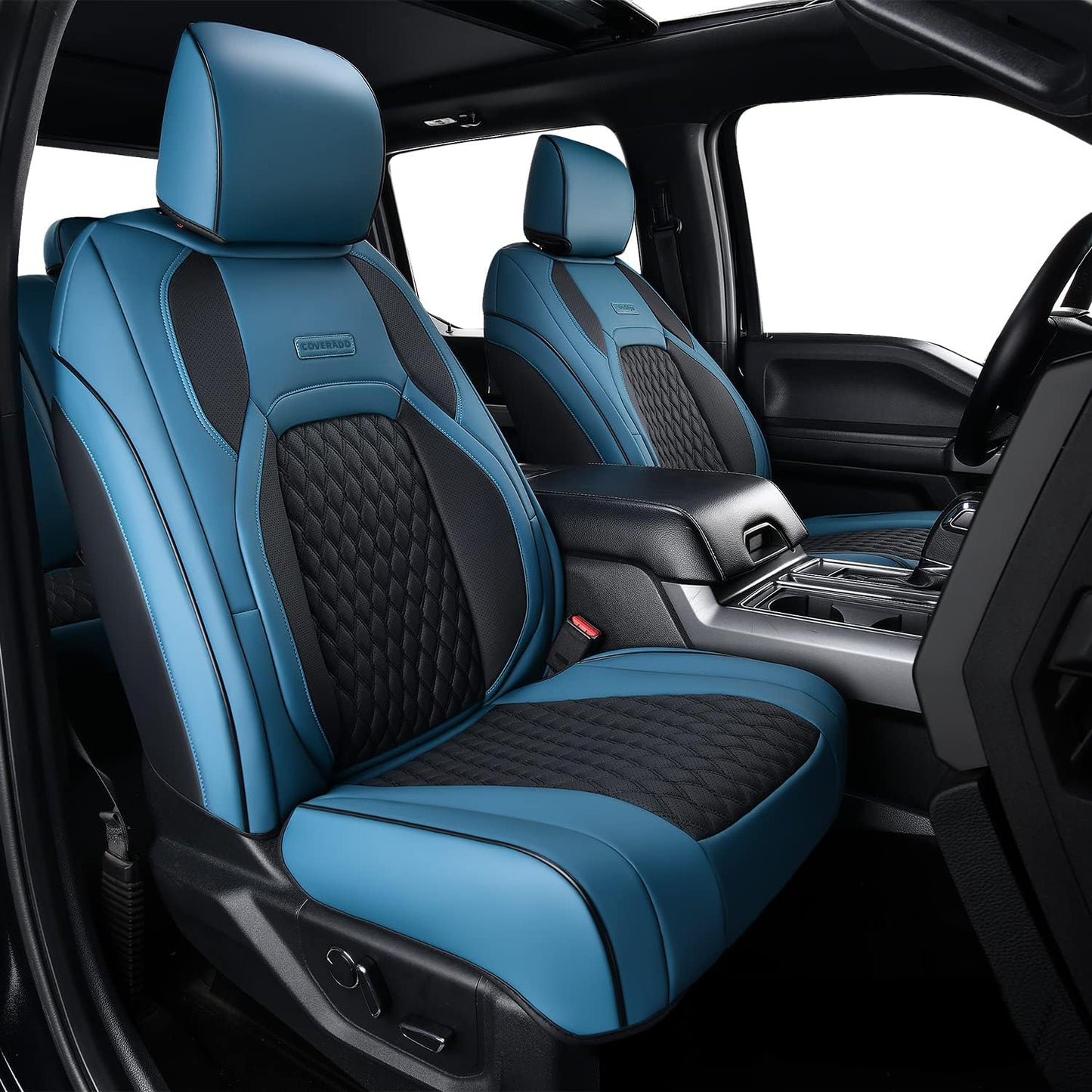 Coverado Waterproof Faux Leather Seat Covers Full Set for Ford F150 2015-2025 SuperCrew & F250 F350 F450 2017-2025 Crew Cab, Compatible with XL XLT Lariat King Ranch, Blue Interior Truck Accessories