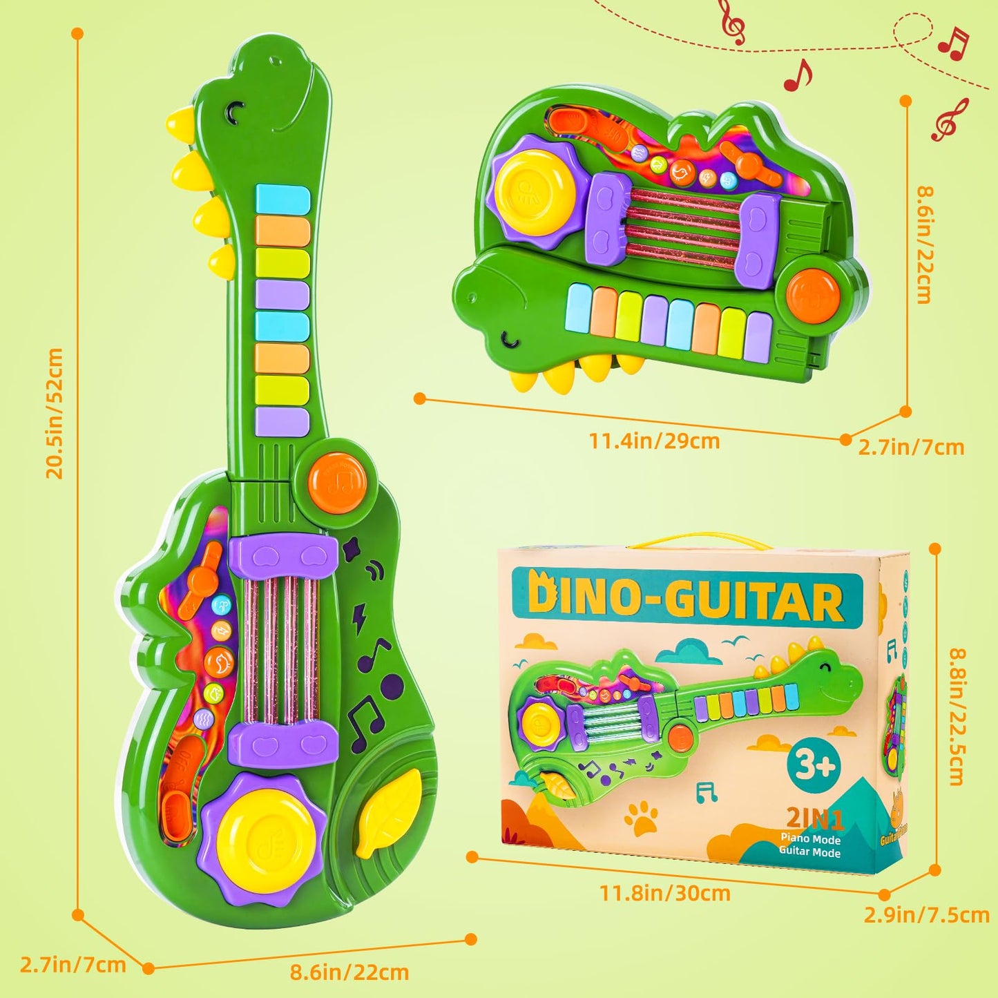 Dinosaur Kids Guitar 2-in-1 Musical Instruments for 3 4 5 Year Old Boys Girls Gifts, Toddler Electric Guitar Piano Toy with Strap & Dino Design (Green)
