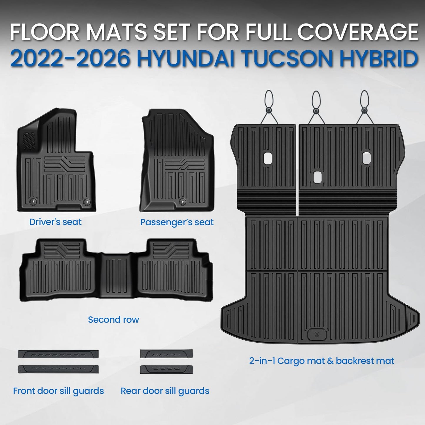 JOULARISE Floor Mats Set for Hyundai Tucson 2022-2025 2026 Hybrid Version (Not fit Gas and PHEV), All Weather TPE Cargo Liner Backrest Mat Trunk Mat Door Sill Guards Accessories (Hybrid Model)