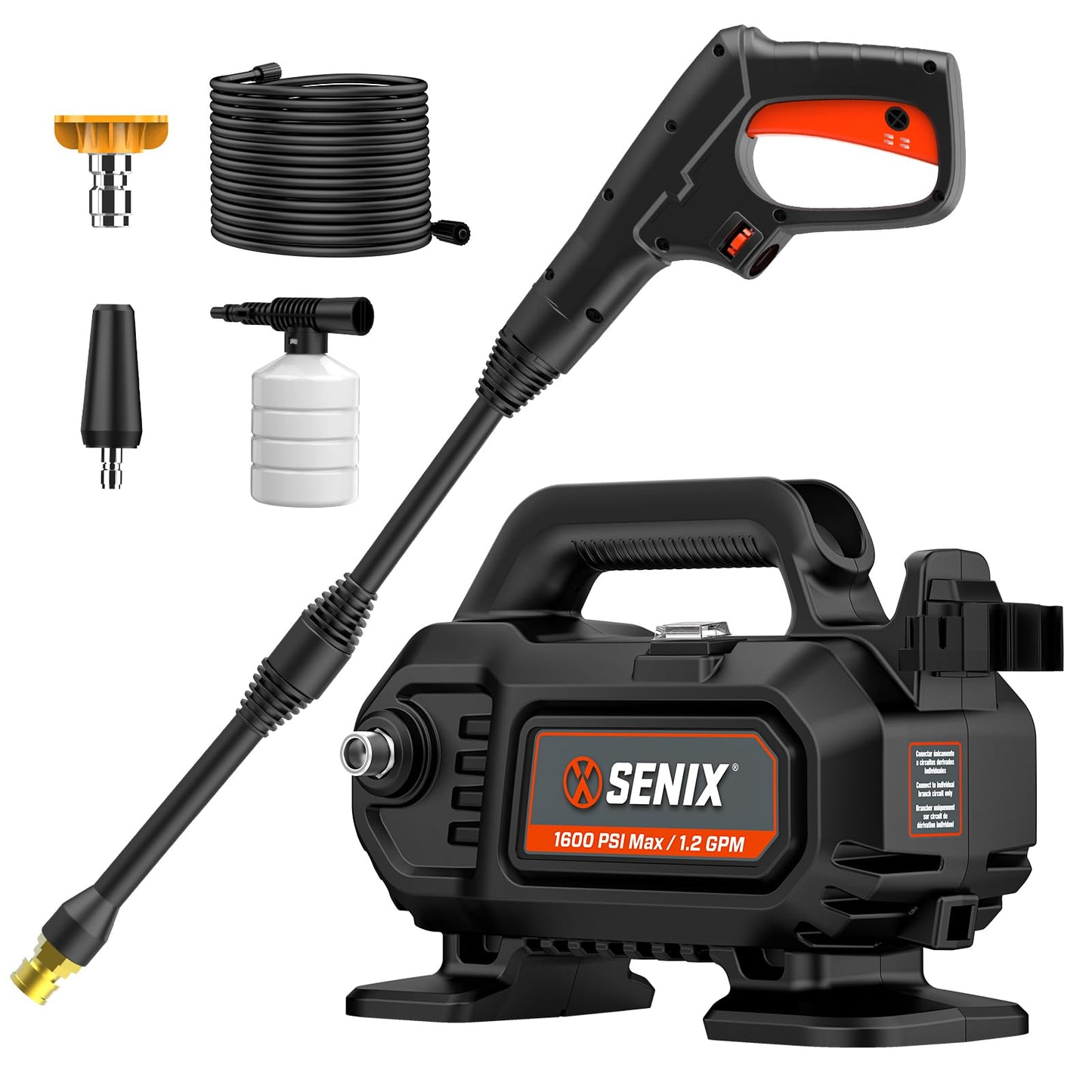 SENIX 1100 PSI Electric Pressure Washer with Foam Cannon - Compact Power Washer for Cars, Driveways, Patios & Outdoor Cleaning - Includes 15° Nozzle, Turbo Nozzle, Spray Gun, 20 ft Hose & 35 ft Cord
