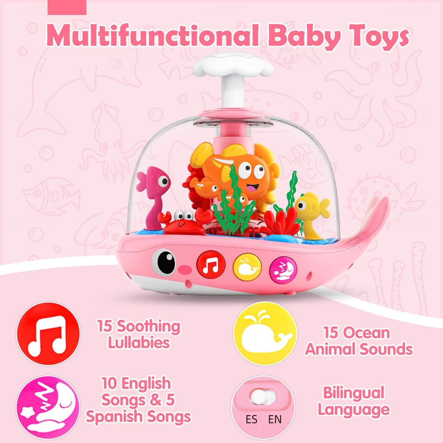 DUPHLAGT Baby Girl Toys 6-12 Months - Press & Spin Aquarium Light Up Musical Toy for Infant Toy 9-12-18 Months - Bilingual Learning Toddler Toys for 1 2 3 Year Old Boy Girl (Pink)
