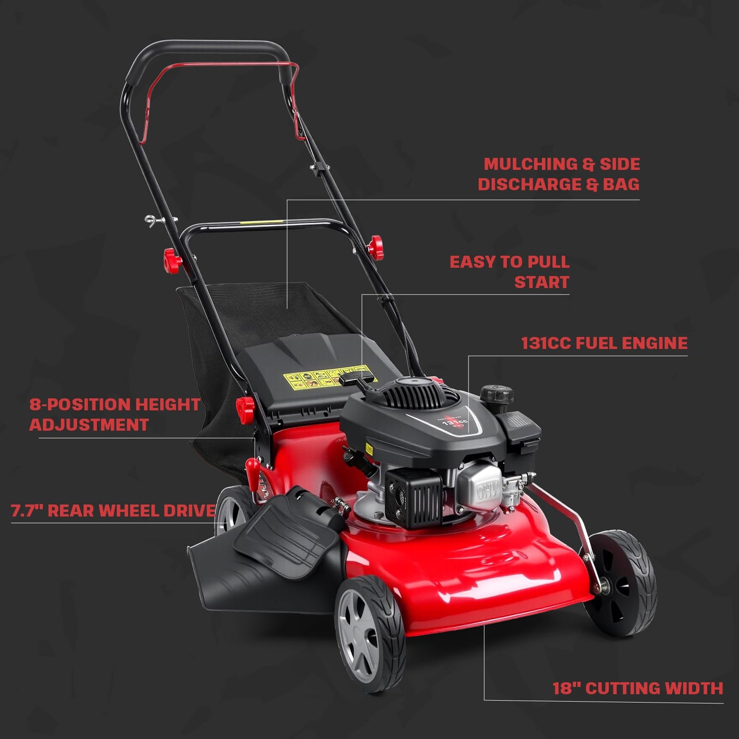 3 in 1 Gas Lawn Mower Self Propelled Self Propelled Gas Lawn Mower, 131cc Engine with Air Cooling, 50L Grass Tank, Foldable Design Red, Big Wheels & Easy Start