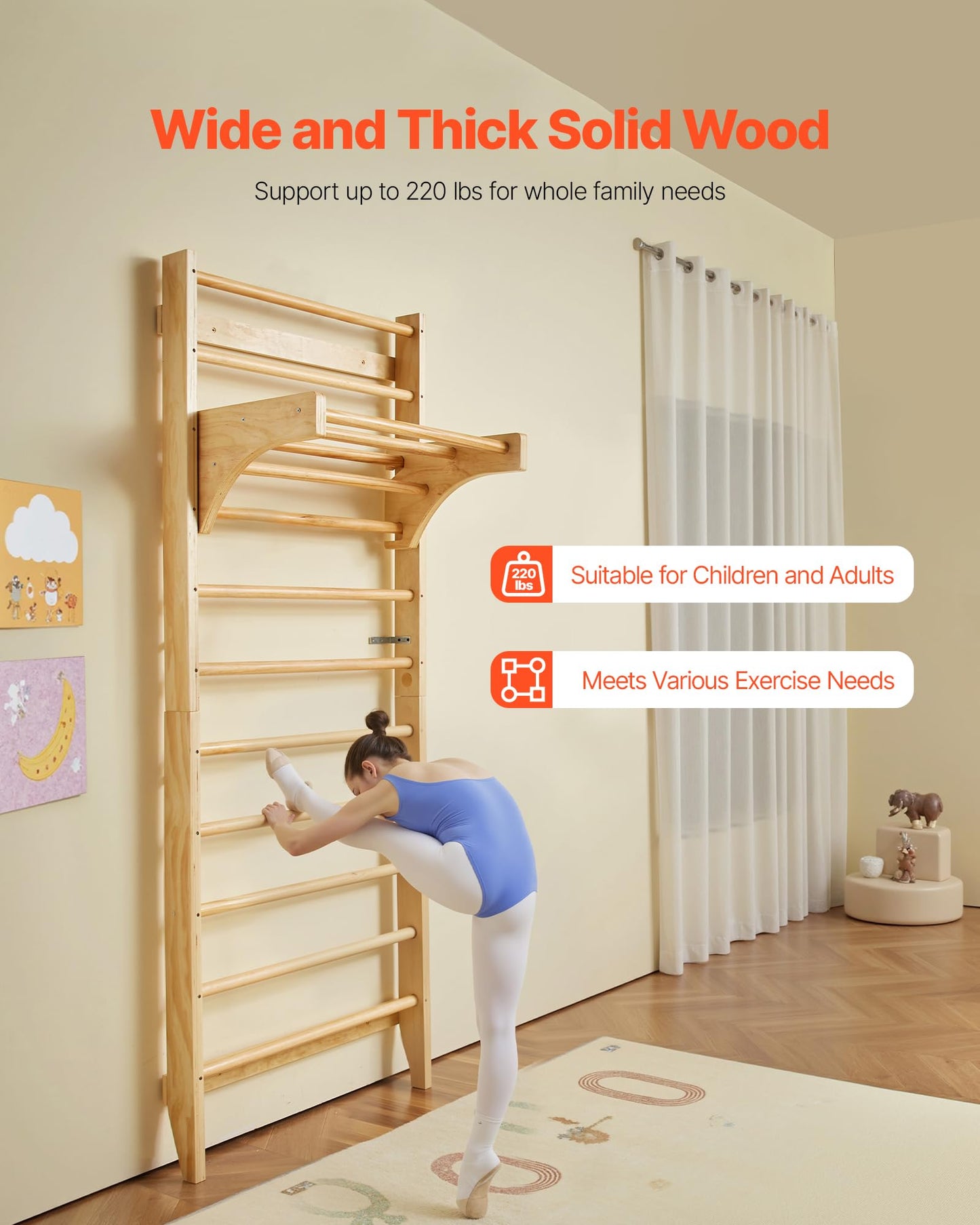 VEVOR Swedish Ladder Wall Gym, 10-Level Solid Wood Indoor Jungle Gym, 220lbs Loading Indoor Playground Climbing Ladder for Kid Adults, Gymnastic Stall Bars with Pull-Up Bar - Ideal Gift for Boys Girls