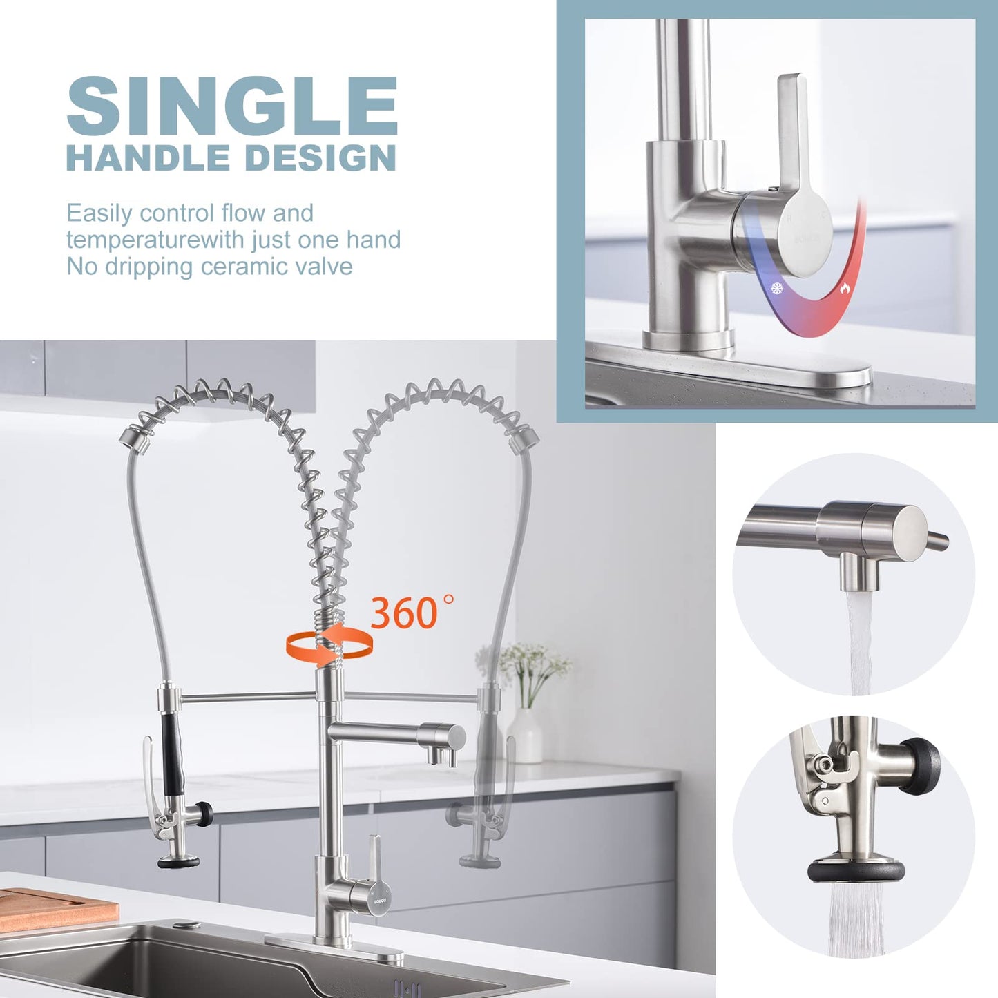 Commercial Kitchen Faucet Deck Mount with Pre-Rinse Sprayer, WOWOW 28" Height Solid Brass Commercial Kitchen Sink Faucet, Brushed Nickel Spring Kitchen Faucet 1 or 3 Hole