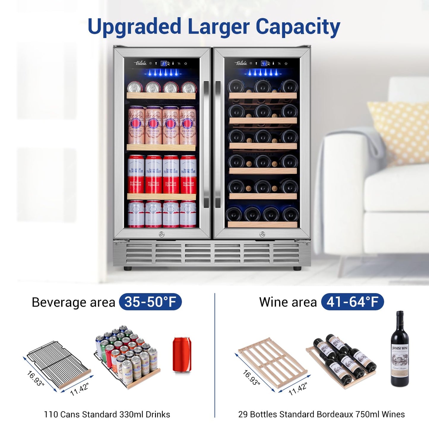 Velieta Wine and Beverage Refrigerator 30 Inch, Upgrade Dual Zone Wine Cooler, 30'' Wine beverage Fridge Built in or Freestanding Under Counter Large Capacity Glass Door Advanced Cooling System