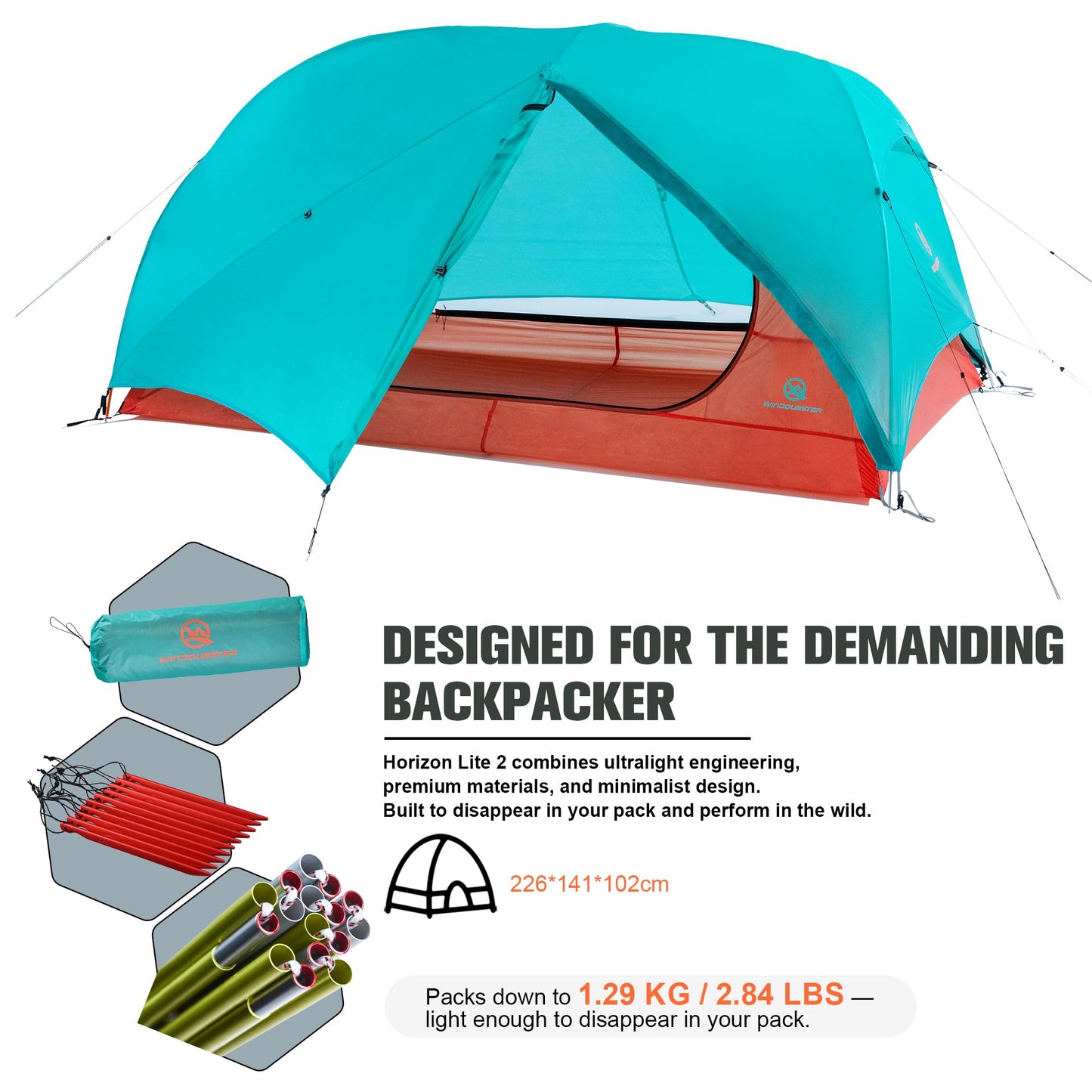 WindQuester Horizon Lite 2 Ultralight 2-Person Backpacking Tent – Freestanding, 3-Season, Waterproof Double-Door Design – Seafoam Blue
