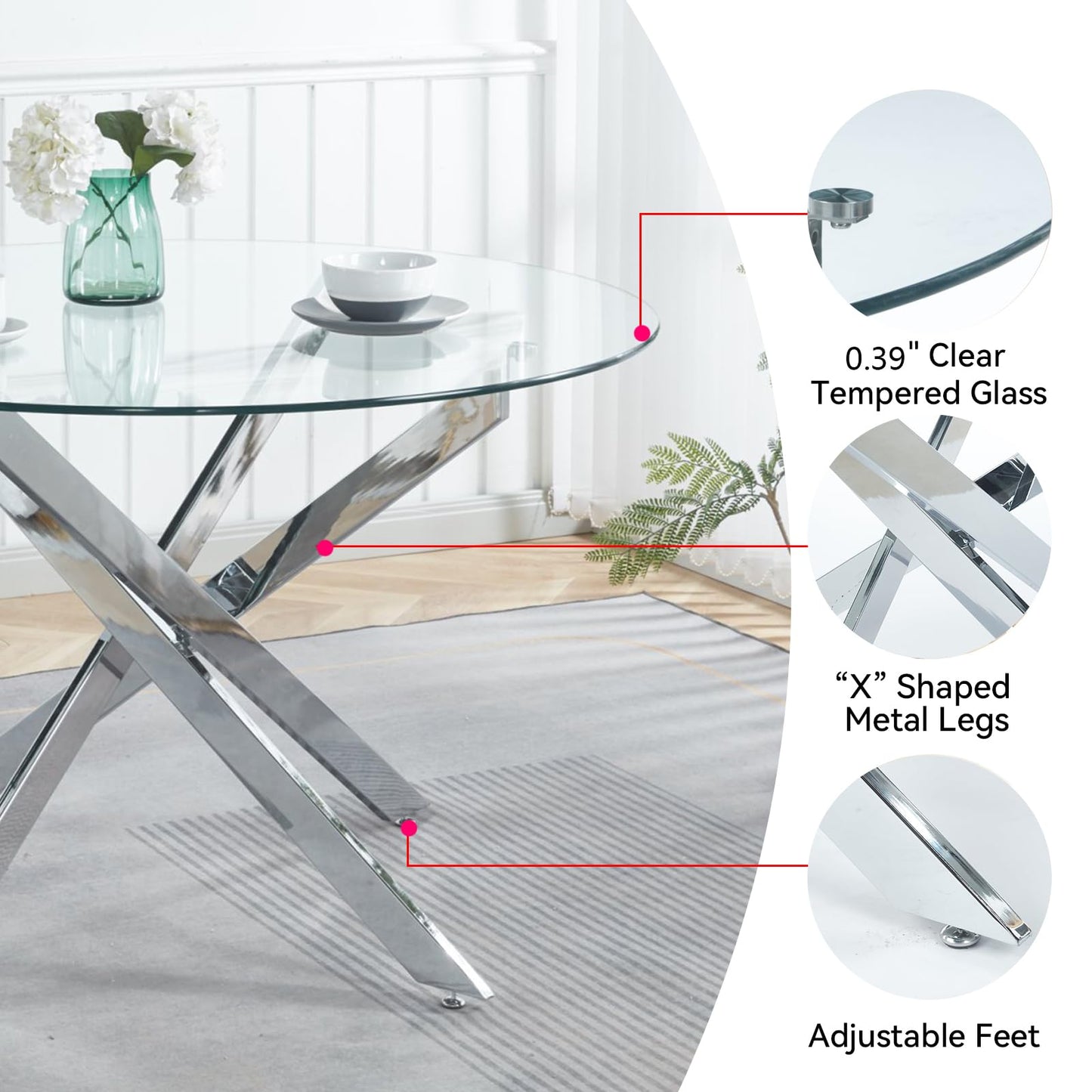 KUVADAZ 47.24" Modern Silver Glass Dining Room Table Set for 4, 5-Piece Round Kitchen Dining Table Set with Cross Metal Legs and 4 Grey Velvet Upholstered Chairs, Glass Kitchen Table and Chairs Set